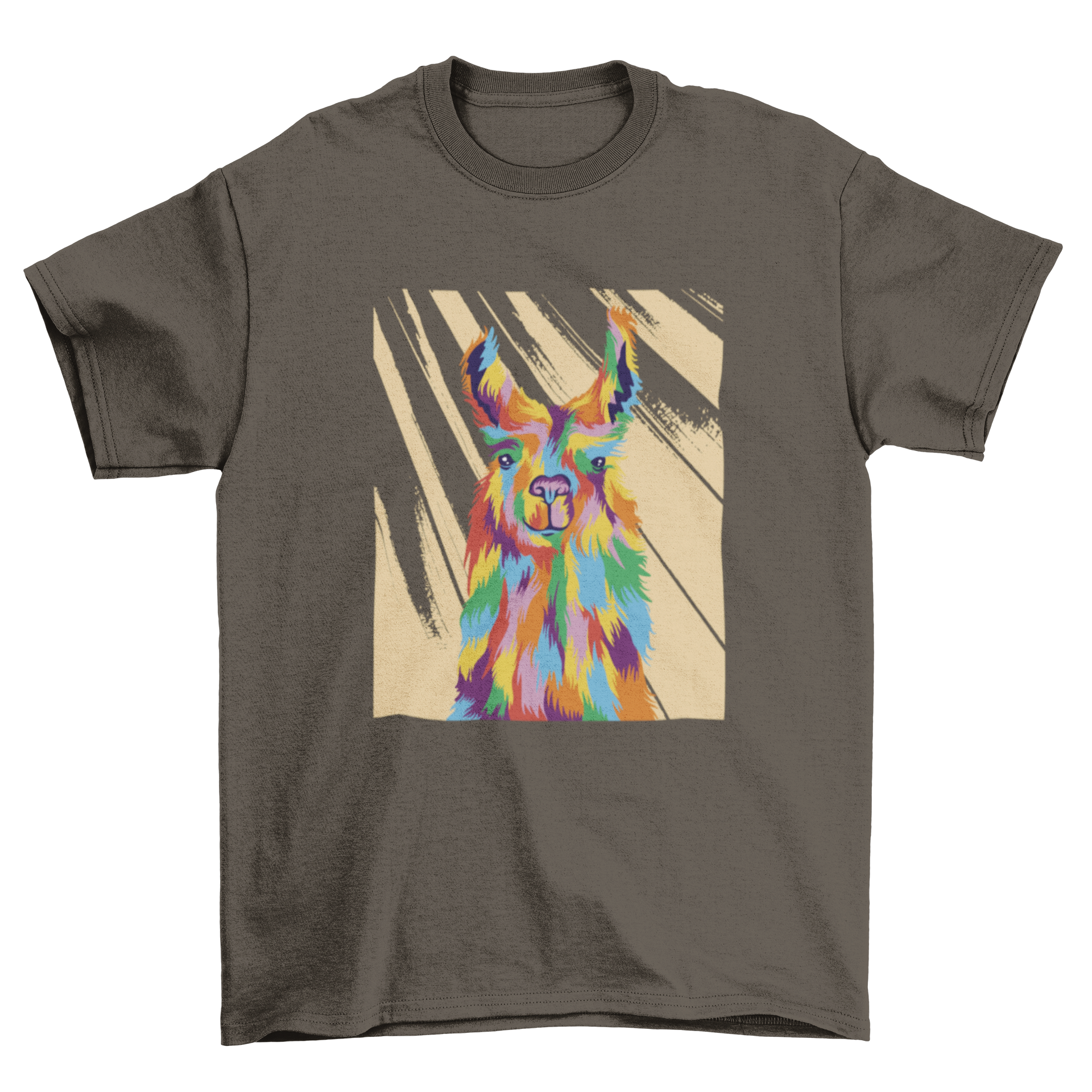 Colorful llama animal t-shirt featuring a vibrant llama design in multiple colors on a soft fabric.