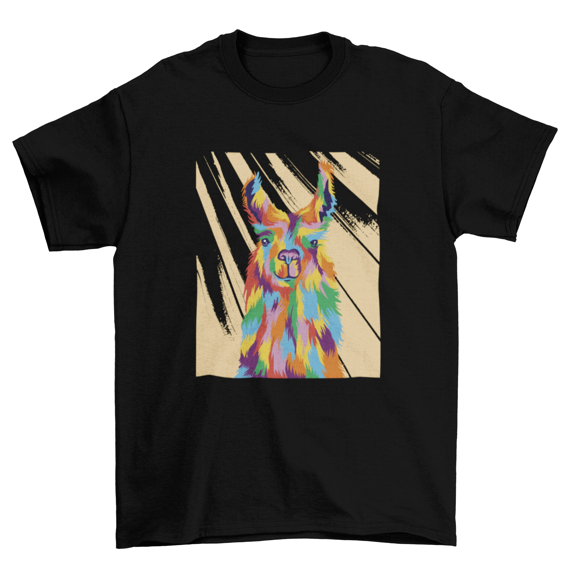 Colorful llama animal t-shirt featuring a vibrant llama design in multiple colors on a soft fabric.