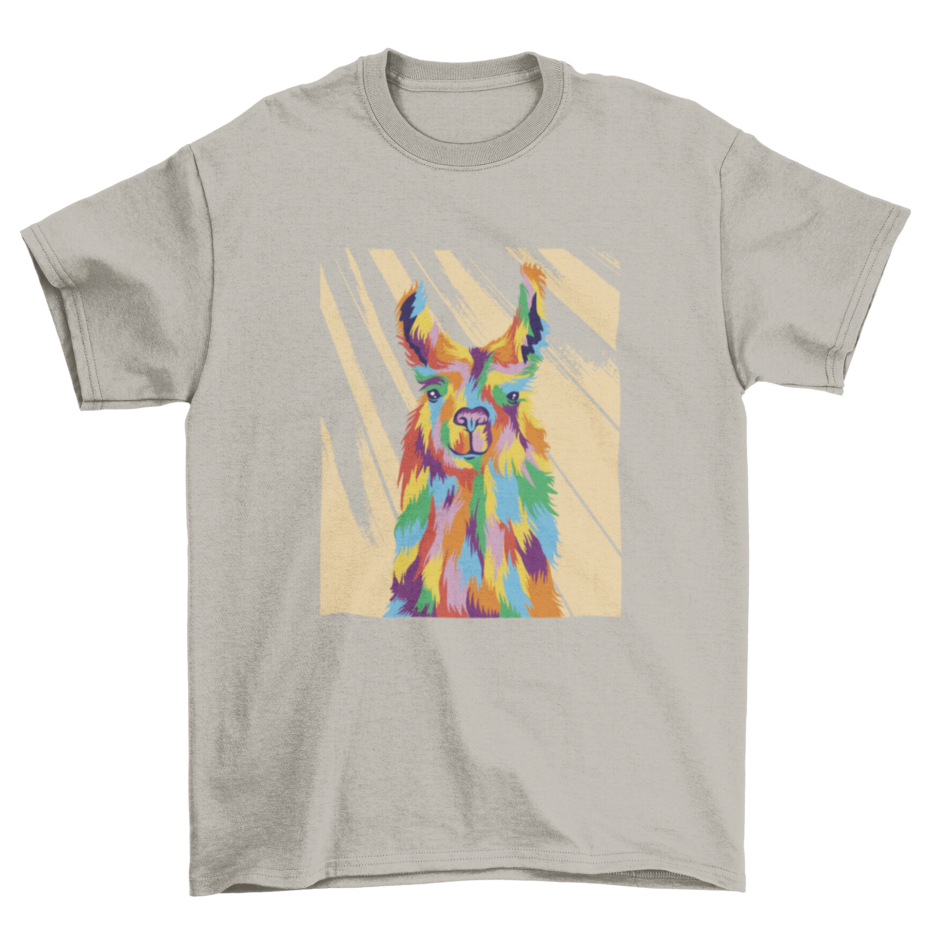 Colorful llama animal t-shirt featuring a vibrant llama design in multiple colors on a soft fabric.