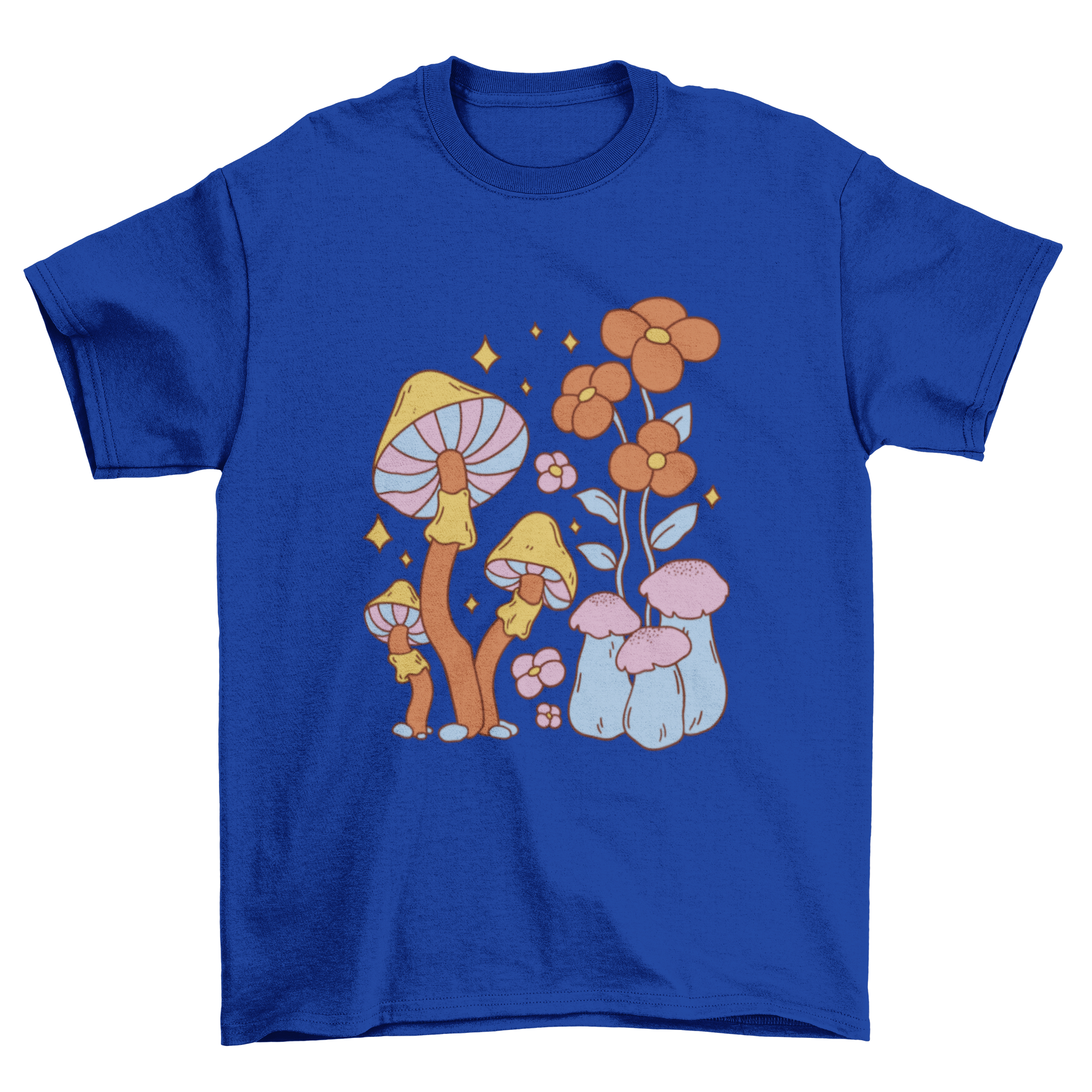 A vibrant t-shirt featuring colorful mushrooms and orange flowers, showcasing a unique nature-inspired design.