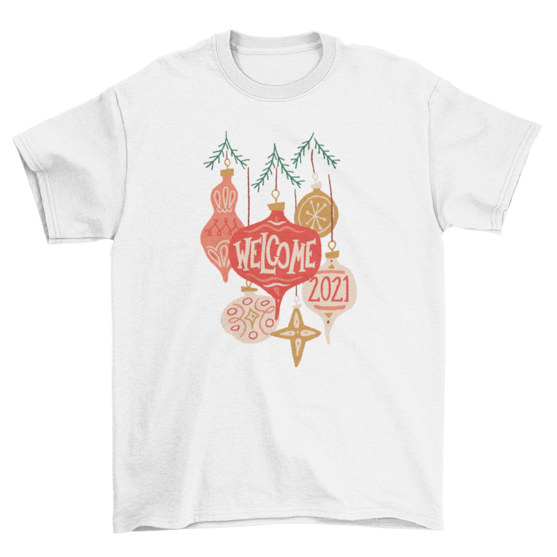 Colorful t-shirt featuring Christmas ornaments and 'Welcome 2021' phrase, perfect for holiday celebrations.