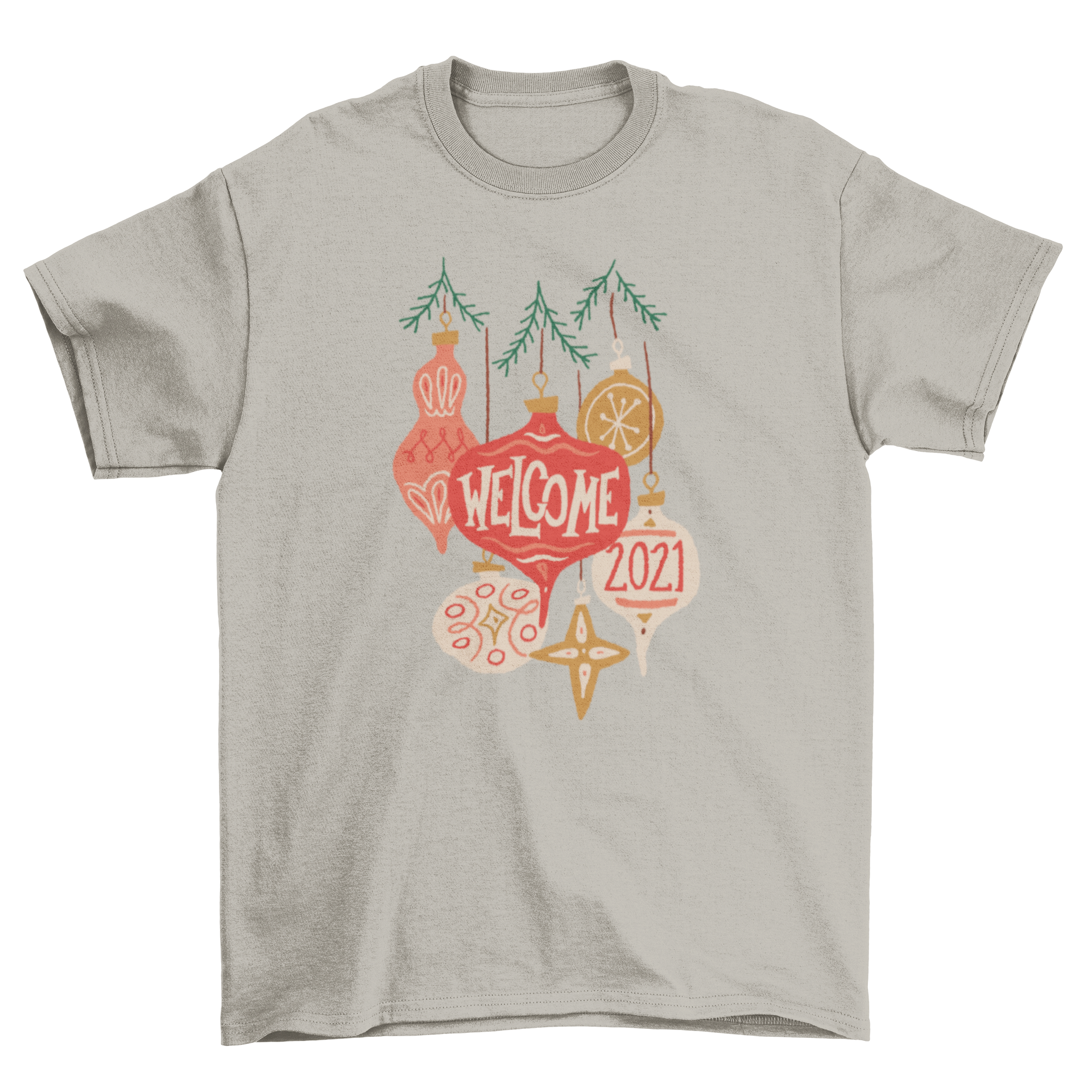 Colorful t-shirt featuring Christmas ornaments and 'Welcome 2021' phrase, perfect for holiday celebrations.