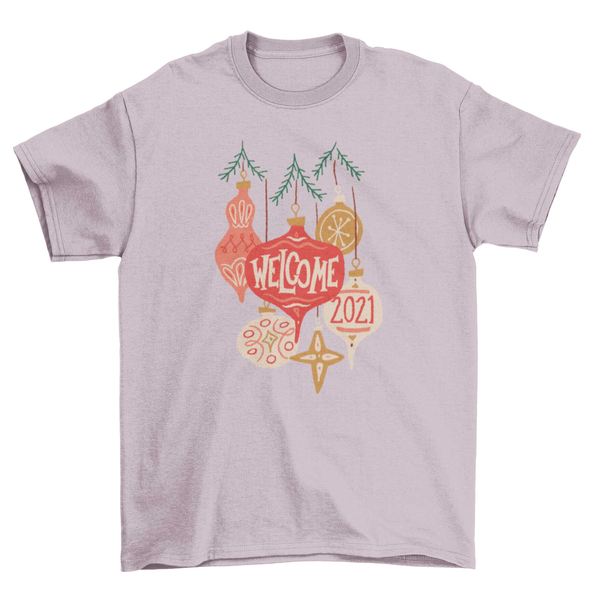 Colorful t-shirt featuring Christmas ornaments and 'Welcome 2021' phrase, perfect for holiday celebrations.