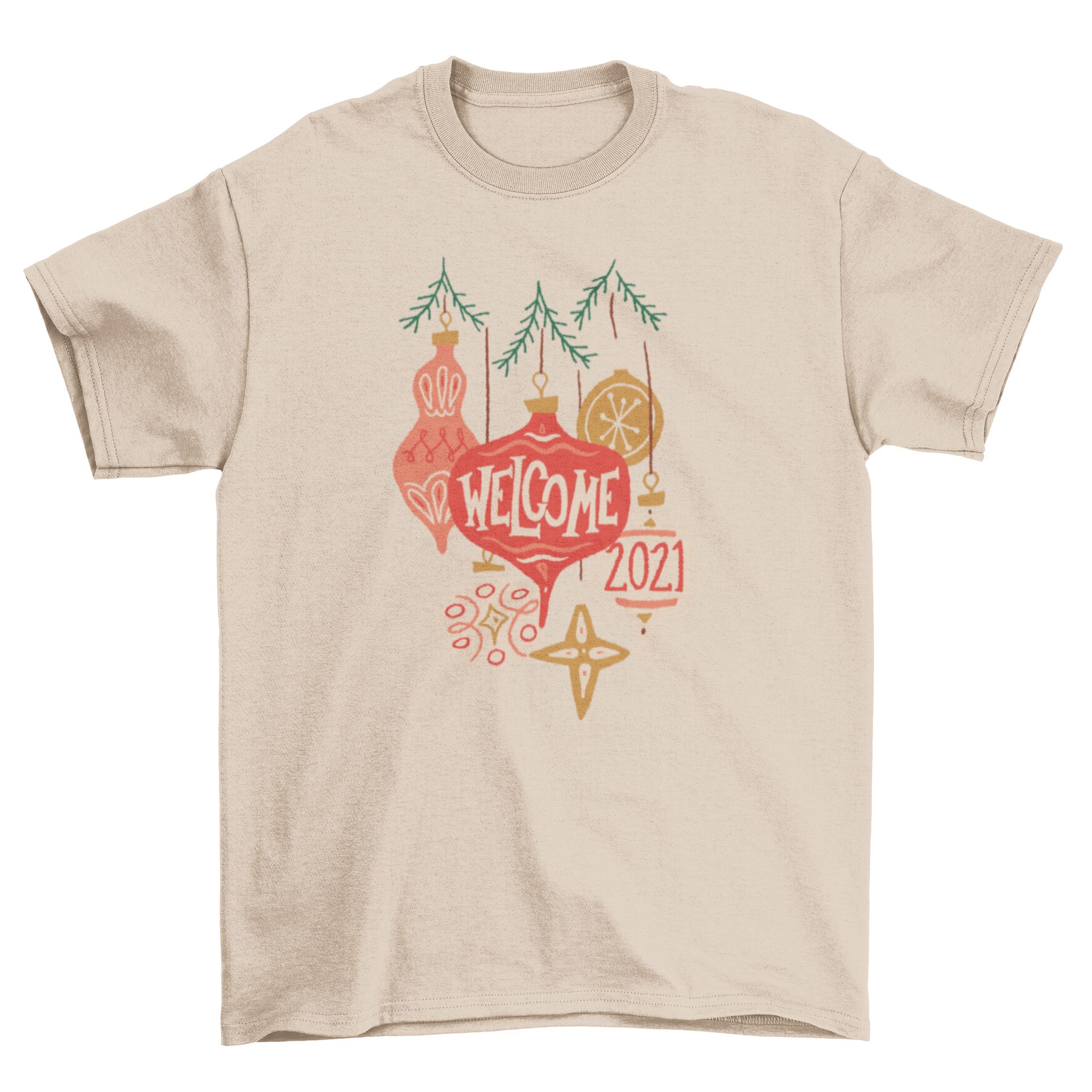Colorful t-shirt featuring Christmas ornaments and 'Welcome 2021' phrase, perfect for holiday celebrations.