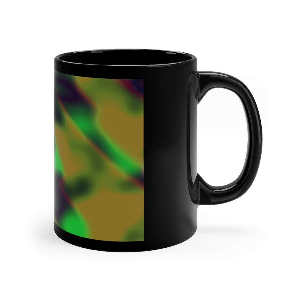 Colorful Pattern 11oz Black Mug showcasing a sleek black ceramic design with customizable options for personal photos or logos.