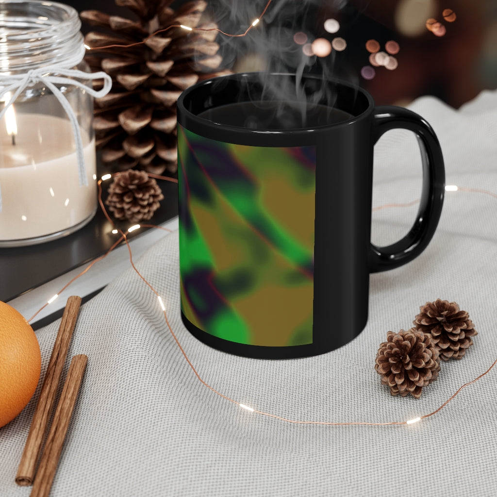 Colorful Pattern 11oz Black Mug showcasing a sleek black ceramic design with customizable options for personal photos or logos.