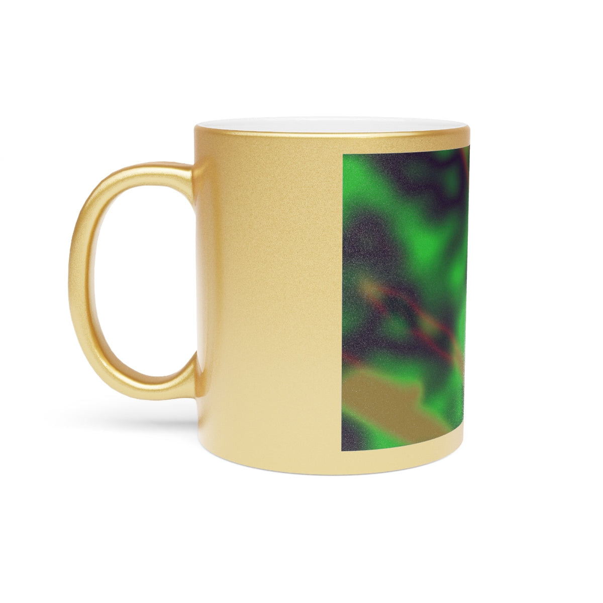 A stylish metallic mug with a colorful pattern, available in gold and silver finishes, showcasing personalized designs.