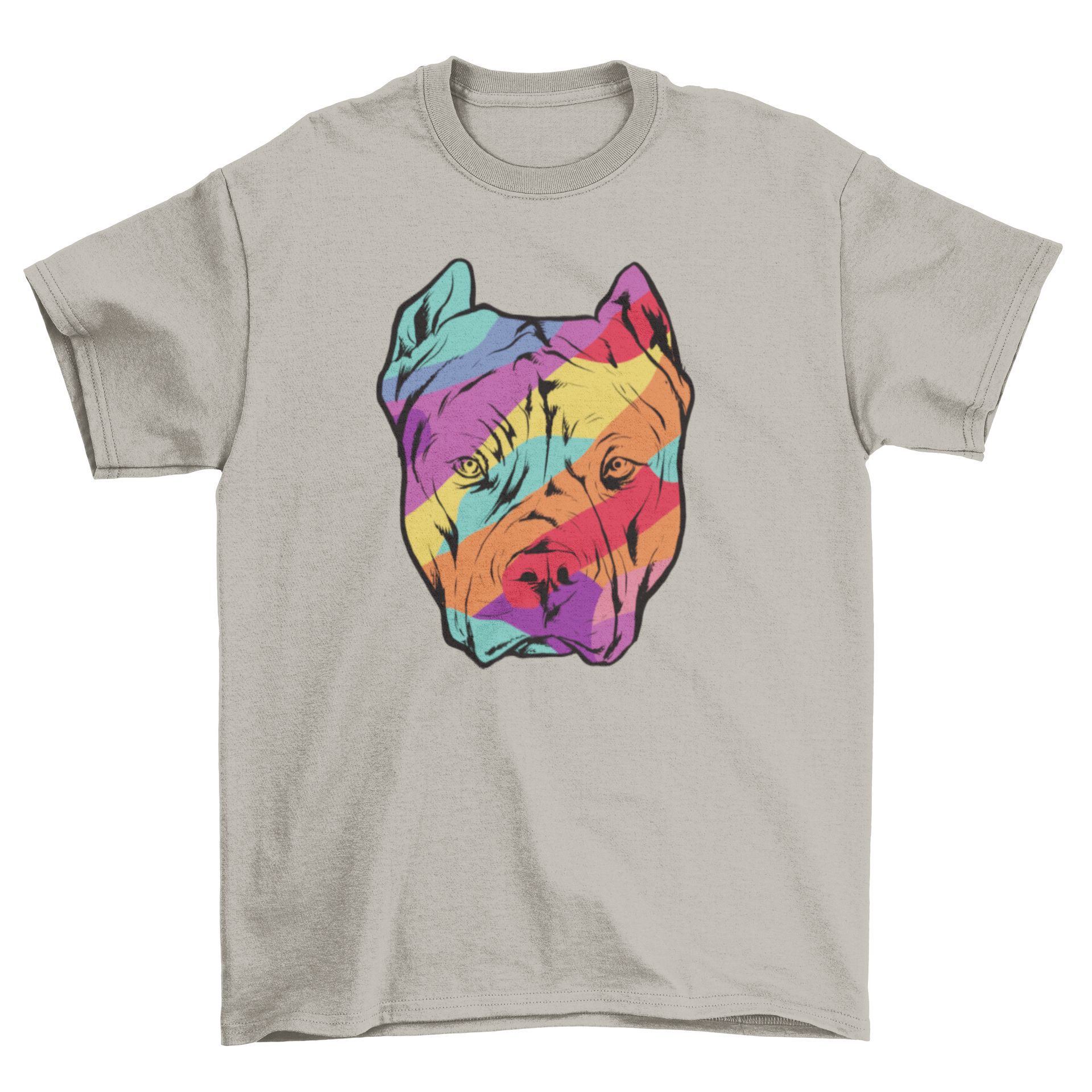 A vibrant t-shirt featuring a colorful illustration of a pitbull, showcasing its playful and friendly nature.