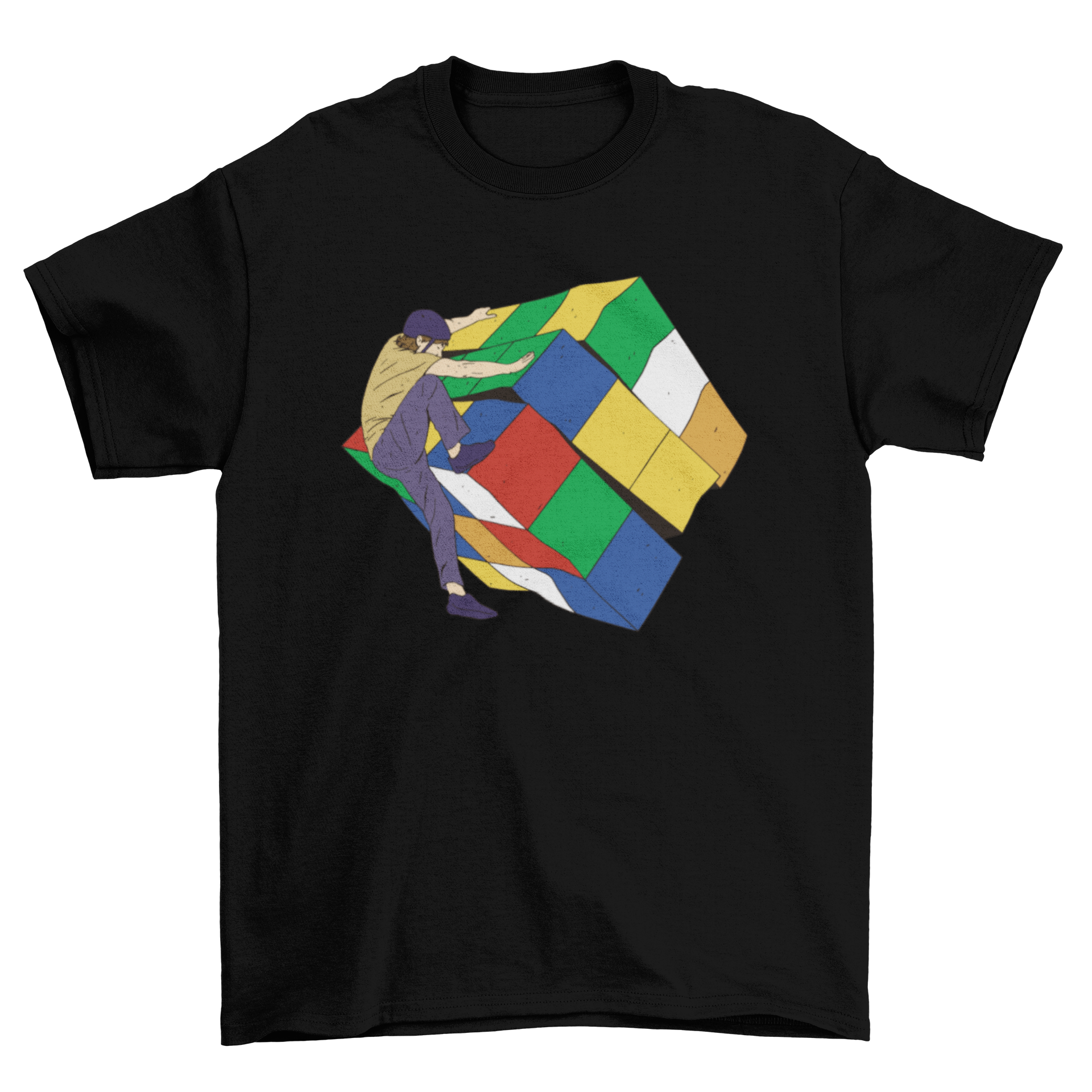 Colorful t-shirt design featuring a man climbing a Rubik's Cube, showcasing vibrant colors and a playful theme.
