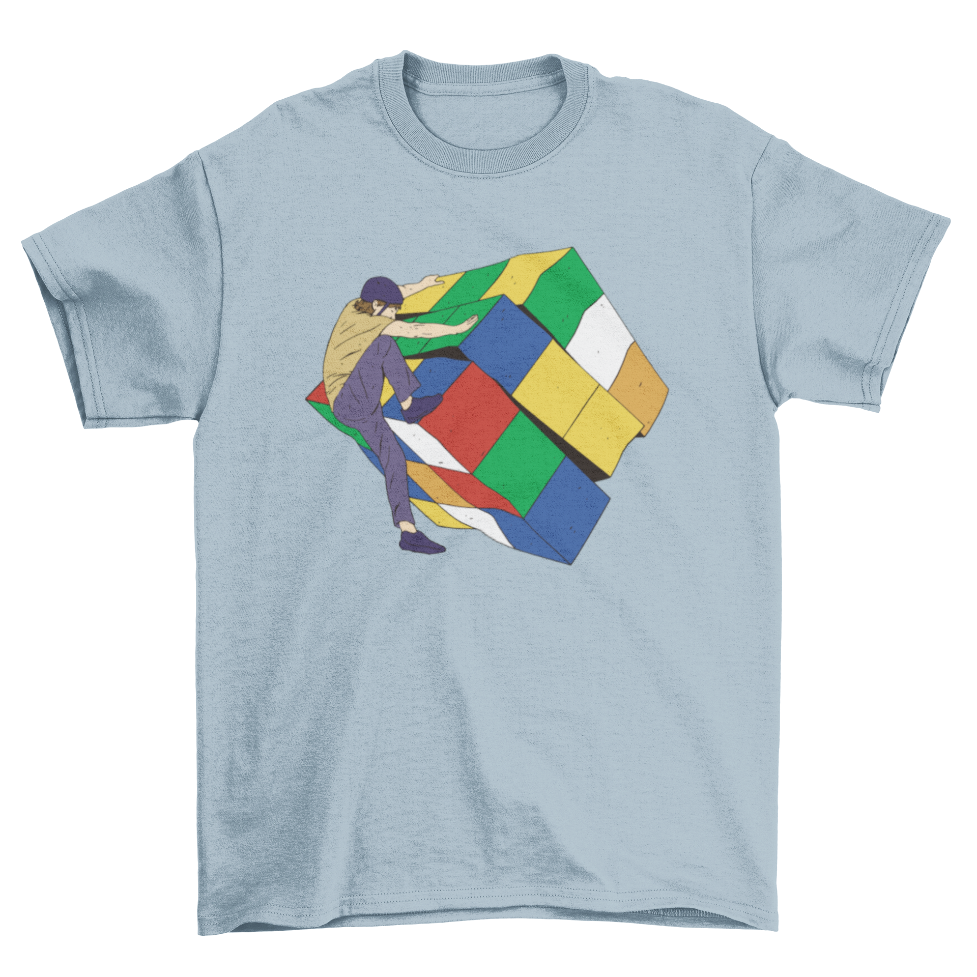 Colorful t-shirt design featuring a man climbing a Rubik's Cube, showcasing vibrant colors and a playful theme.