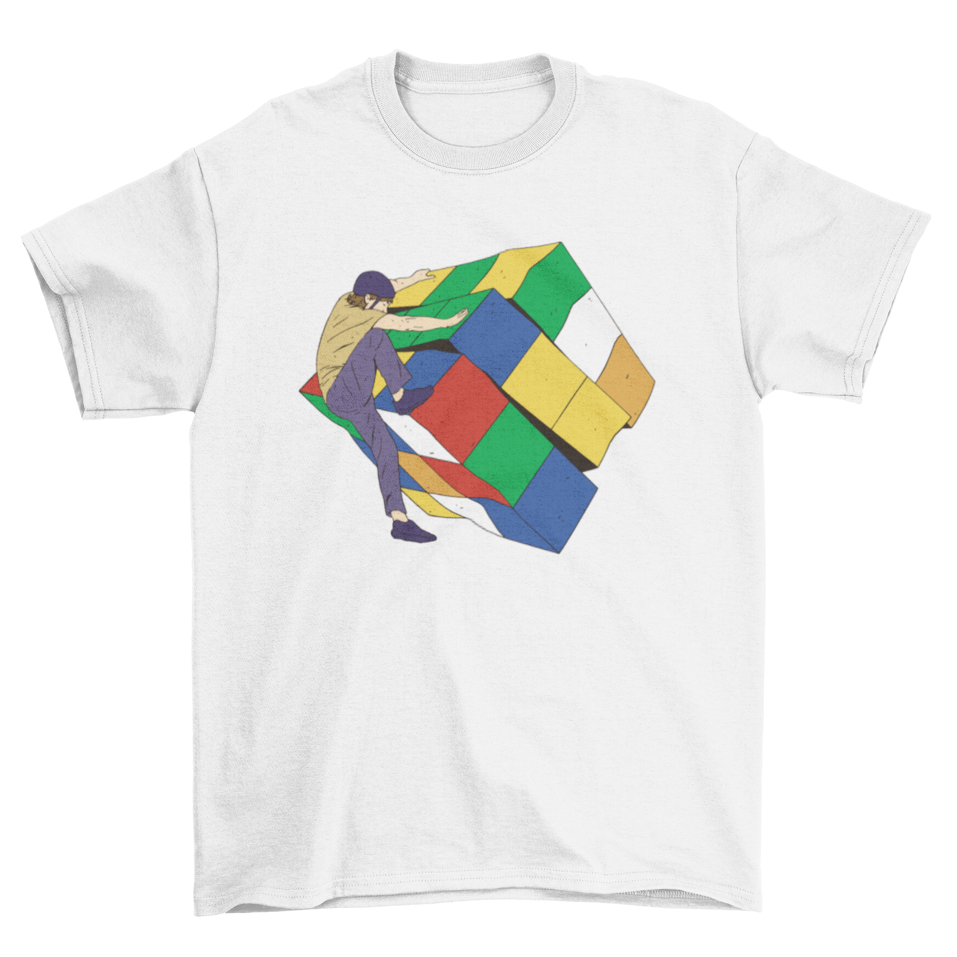 Colorful t-shirt design featuring a man climbing a Rubik's Cube, showcasing vibrant colors and a playful theme.