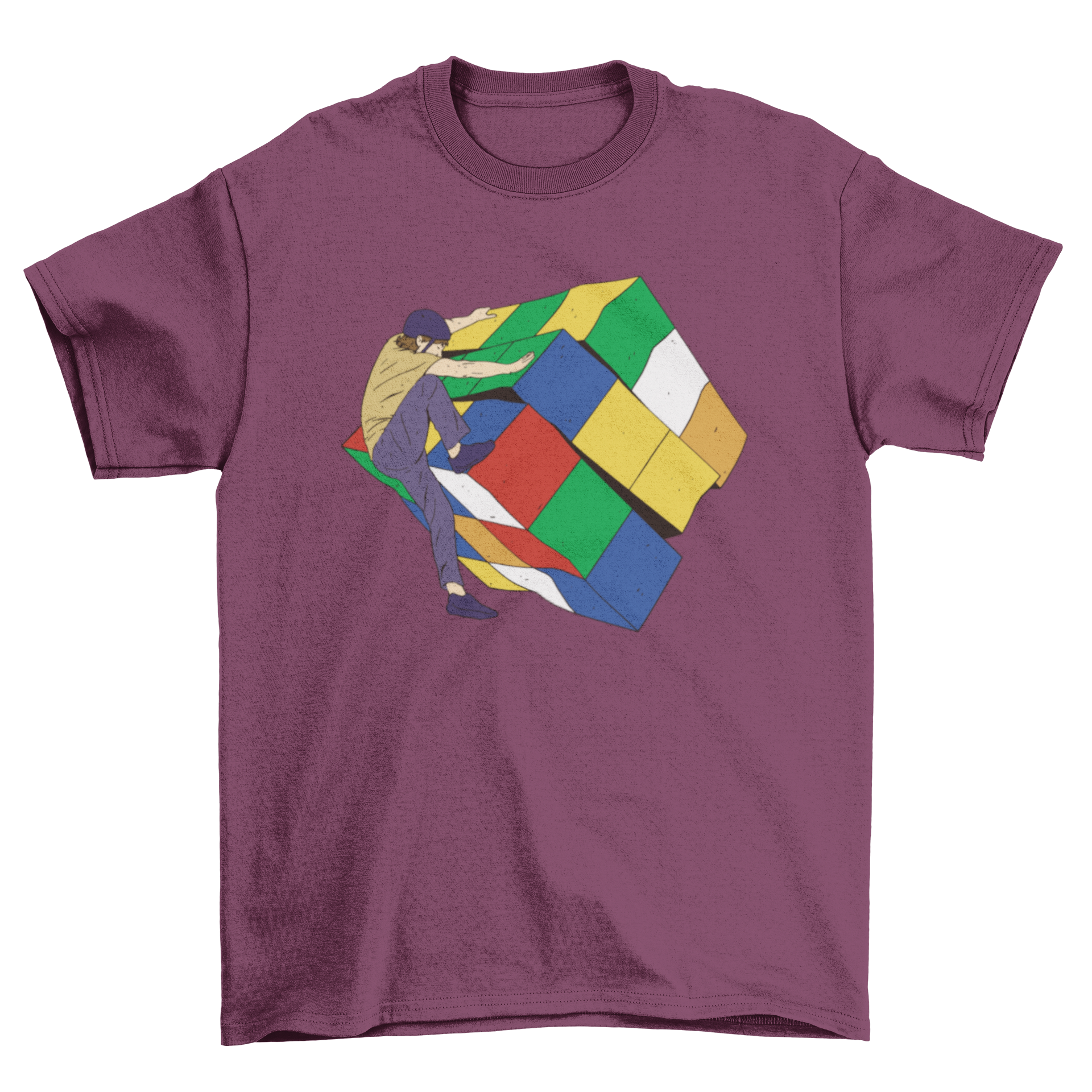 Colorful t-shirt design featuring a man climbing a Rubik's Cube, showcasing vibrant colors and a playful theme.