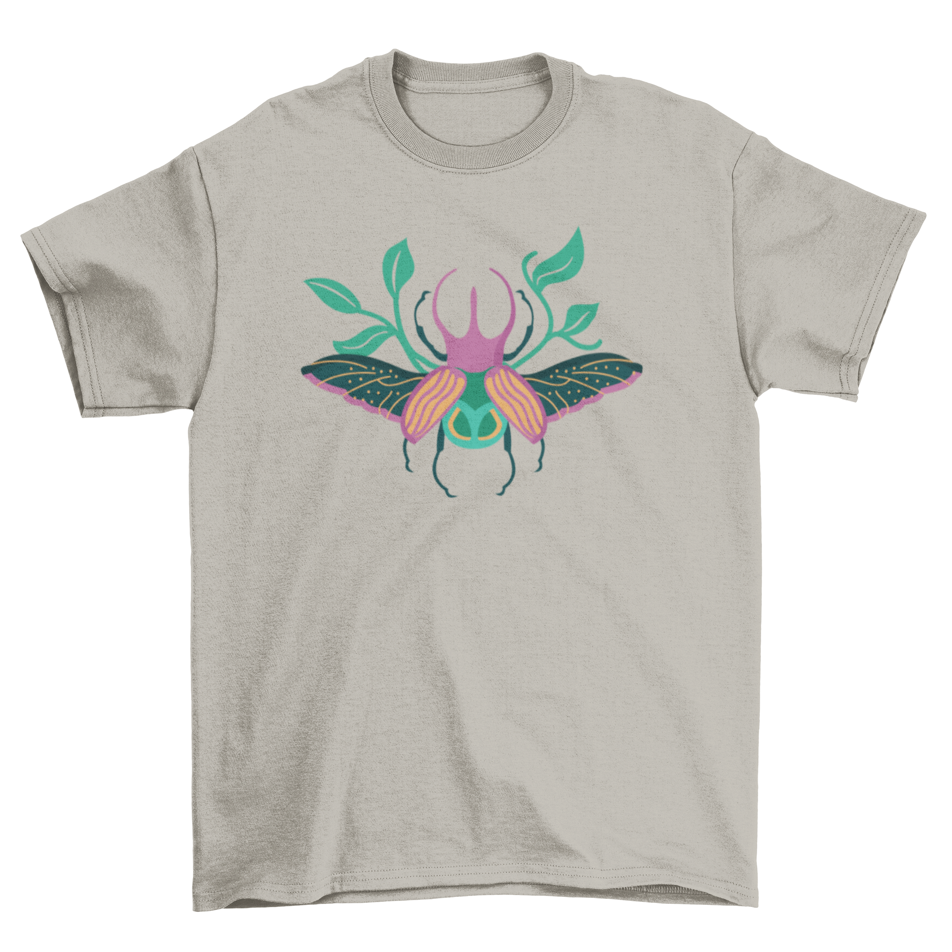 Colorful t-shirt featuring a unique grasshopper leaves pattern, showcasing vibrant colors and intricate design.