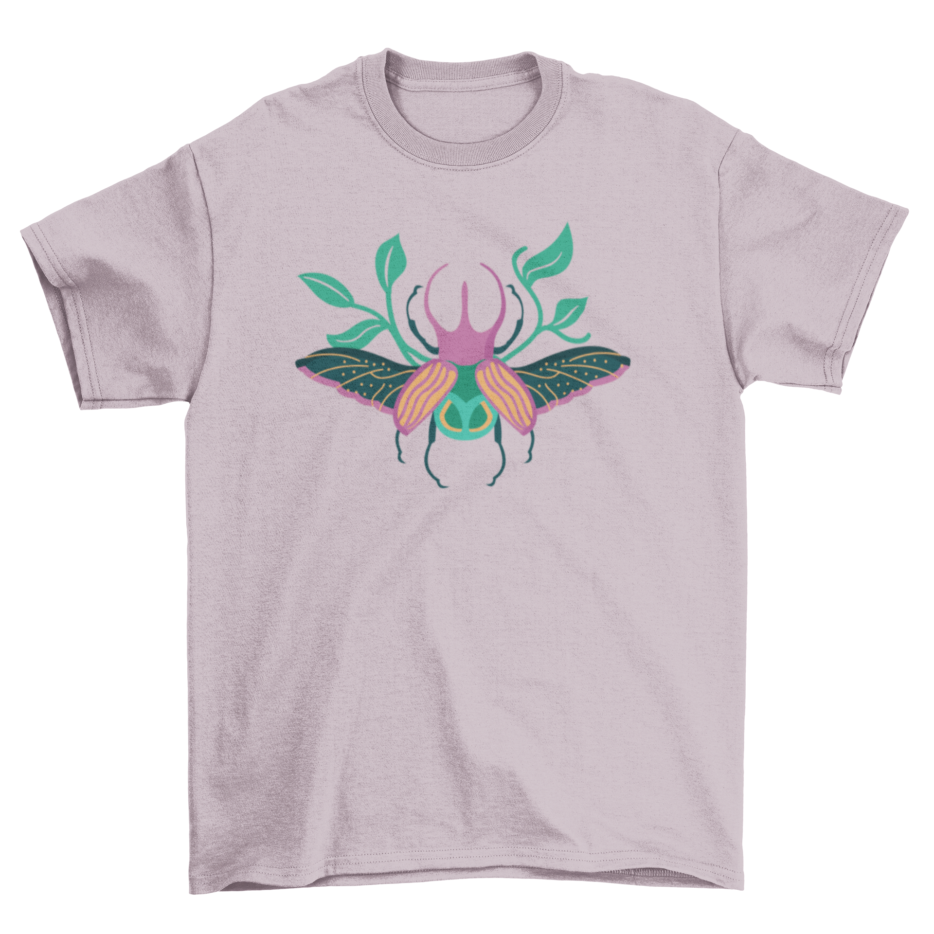 Colorful t-shirt featuring a unique grasshopper leaves pattern, showcasing vibrant colors and intricate design.