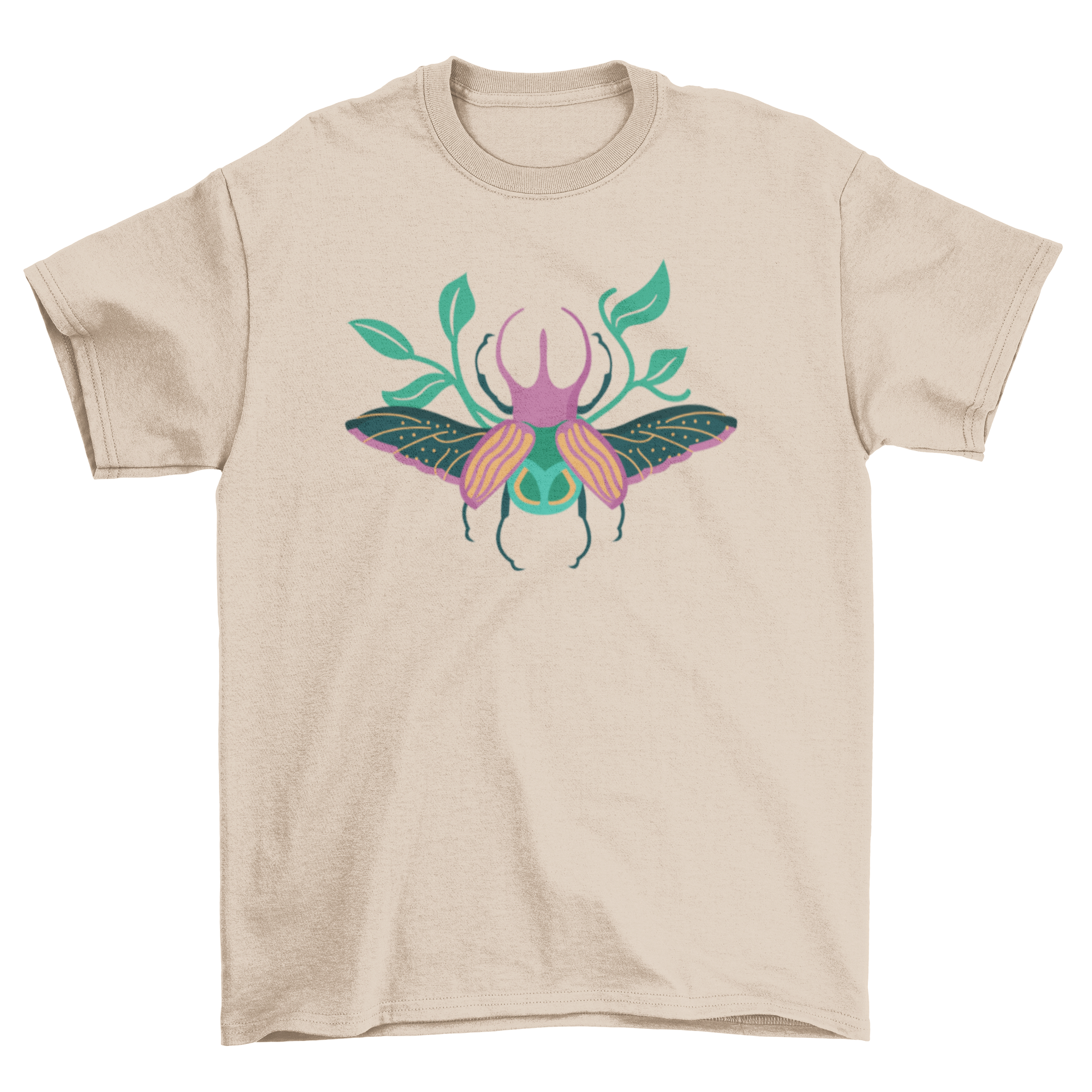 Colorful t-shirt featuring a unique grasshopper leaves pattern, showcasing vibrant colors and intricate design.