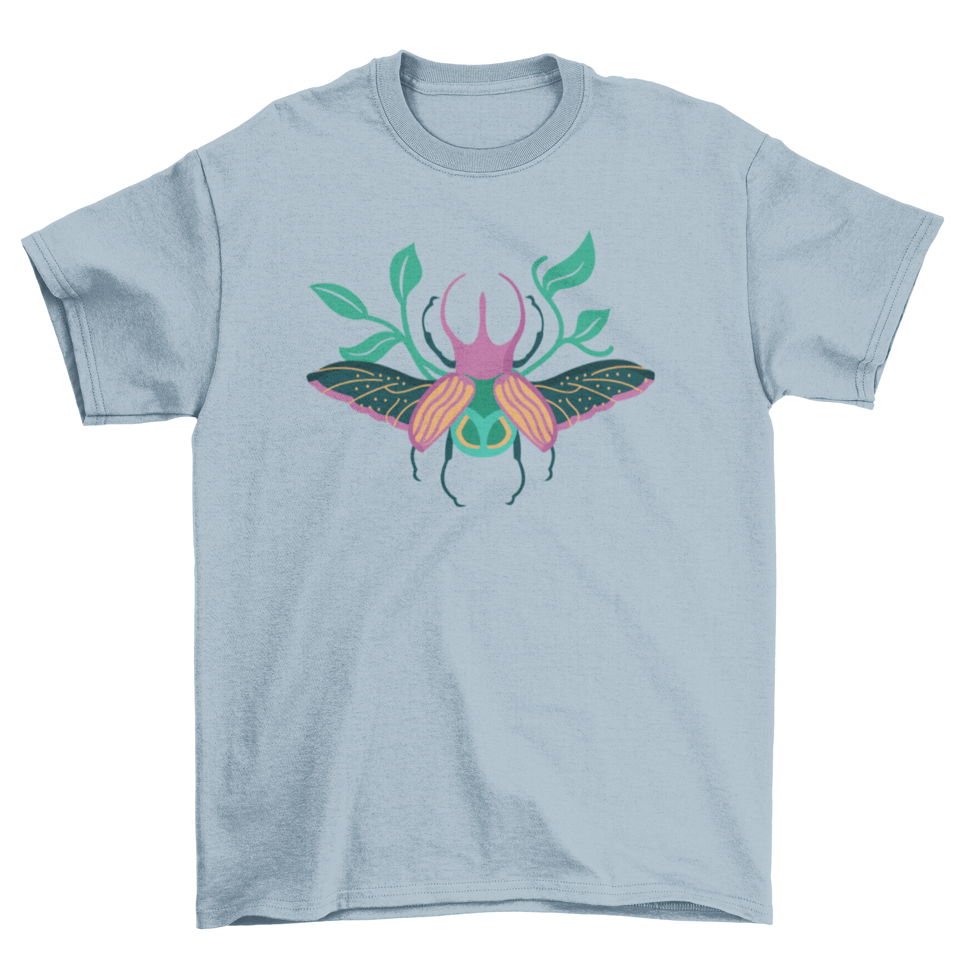 Colorful t-shirt featuring a unique grasshopper leaves pattern, showcasing vibrant colors and intricate design.