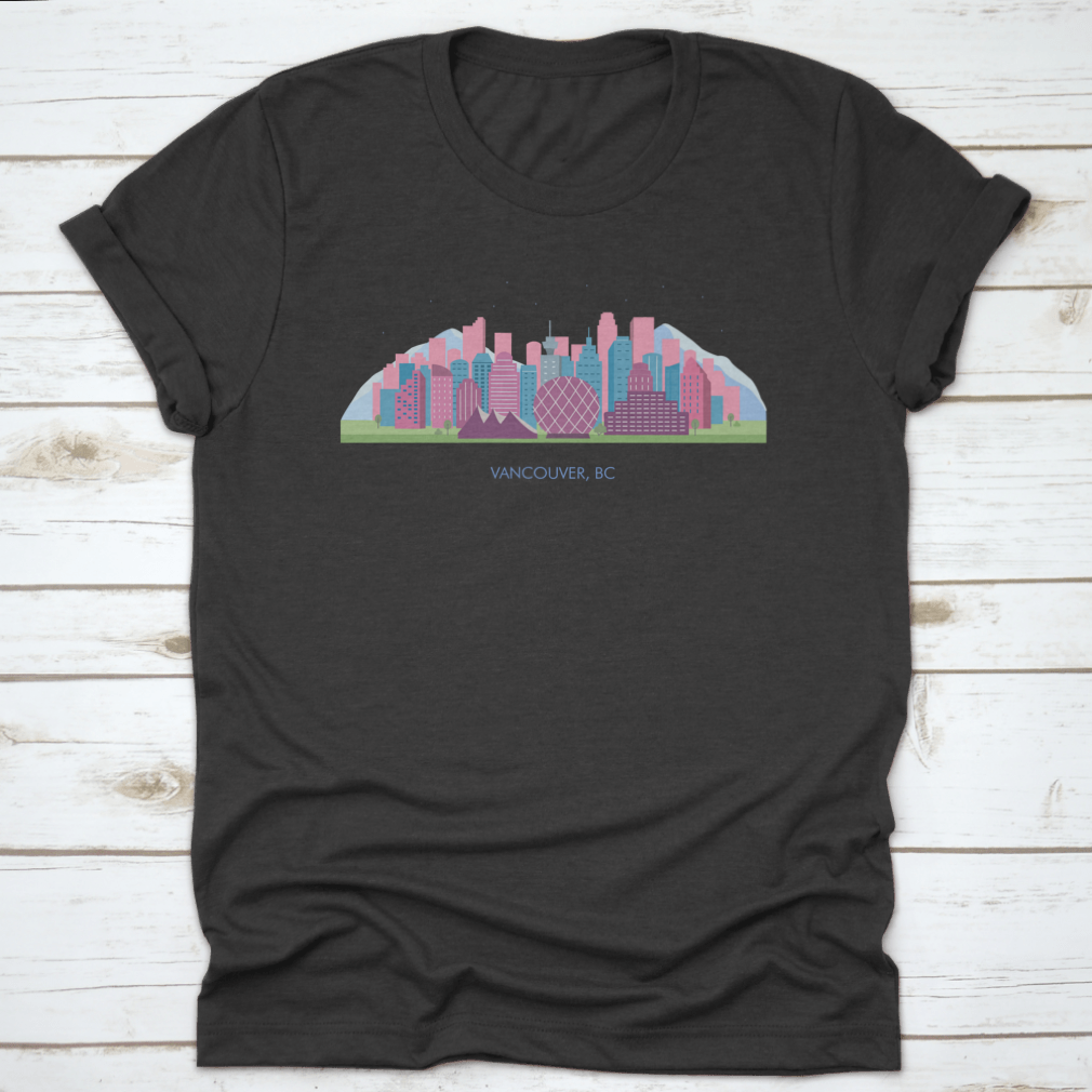 A colorful horizontal landscape of Vancouver City showcasing its skyline and natural beauty, printed on high-quality fabric.