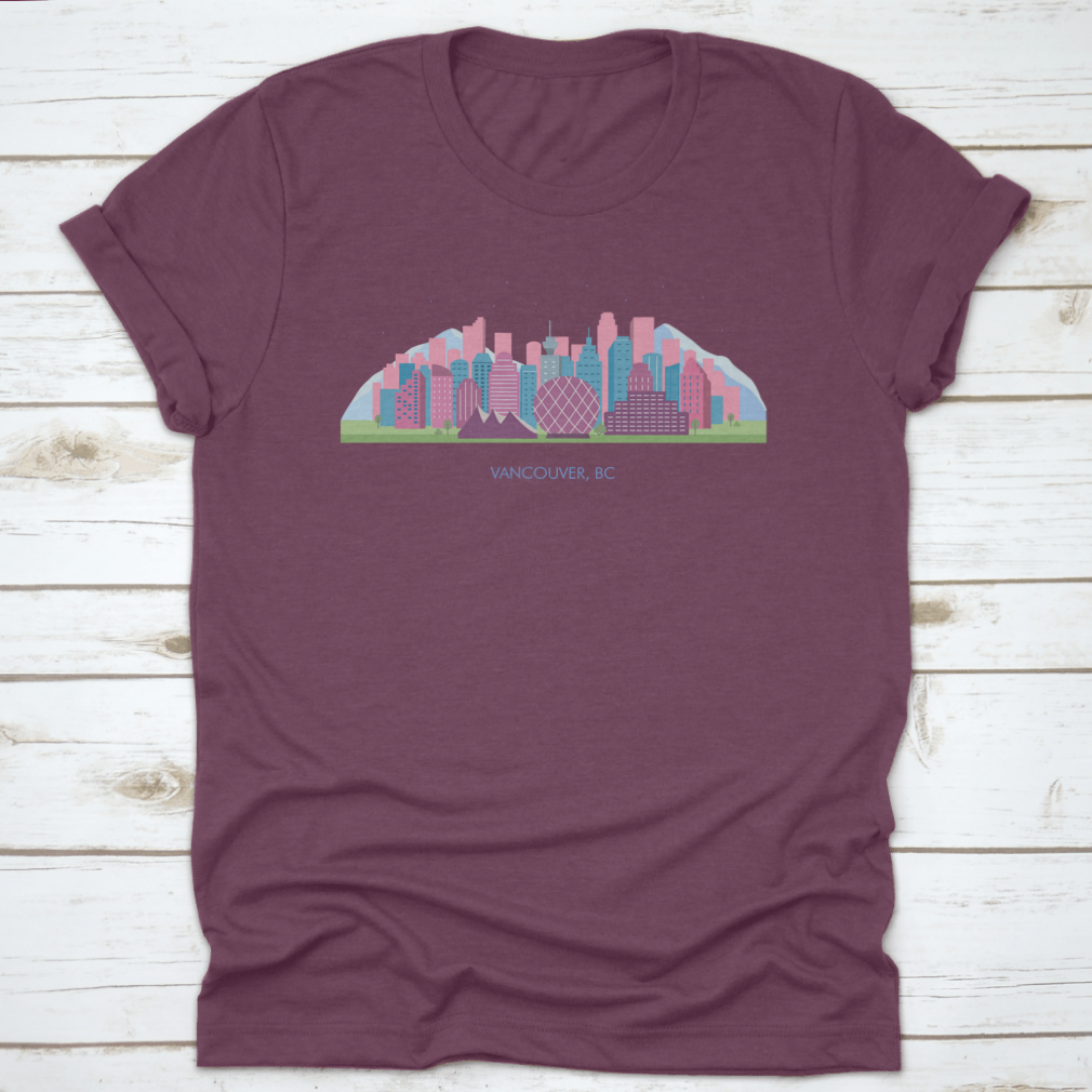 A colorful horizontal landscape of Vancouver City showcasing its skyline and natural beauty, printed on high-quality fabric.