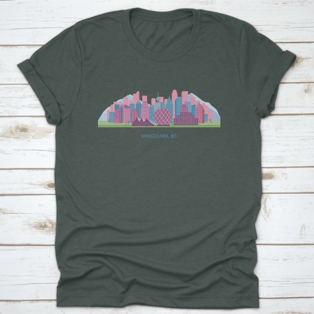 A colorful horizontal landscape of Vancouver City showcasing its skyline and natural beauty, printed on high-quality fabric.