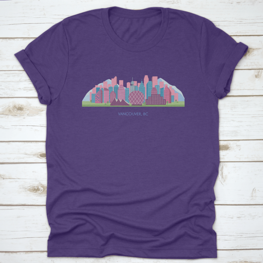 A colorful horizontal landscape of Vancouver City showcasing its skyline and natural beauty, printed on high-quality fabric.