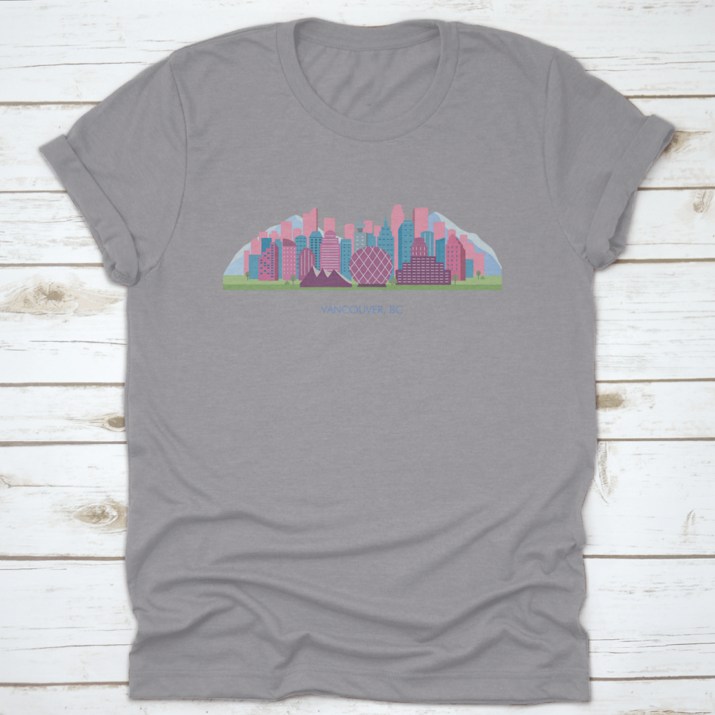 A colorful horizontal landscape of Vancouver City showcasing its skyline and natural beauty, printed on high-quality fabric.