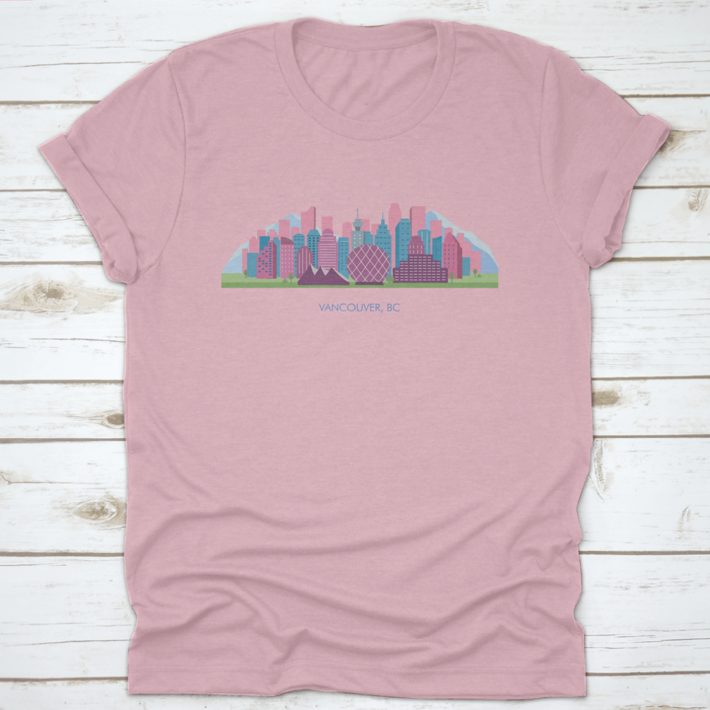 A colorful horizontal landscape of Vancouver City showcasing its skyline and natural beauty, printed on high-quality fabric.