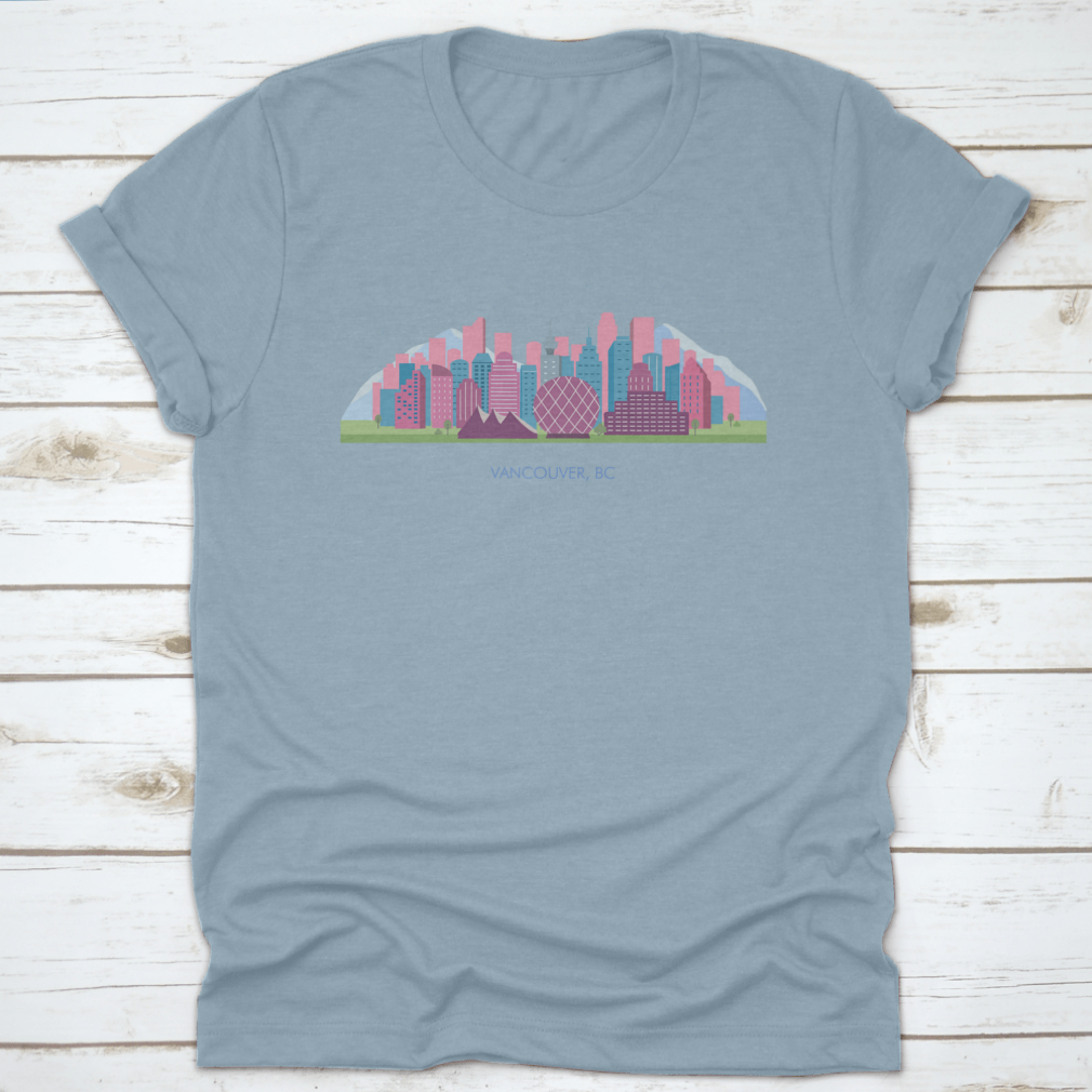 A colorful horizontal landscape of Vancouver City showcasing its skyline and natural beauty, printed on high-quality fabric.