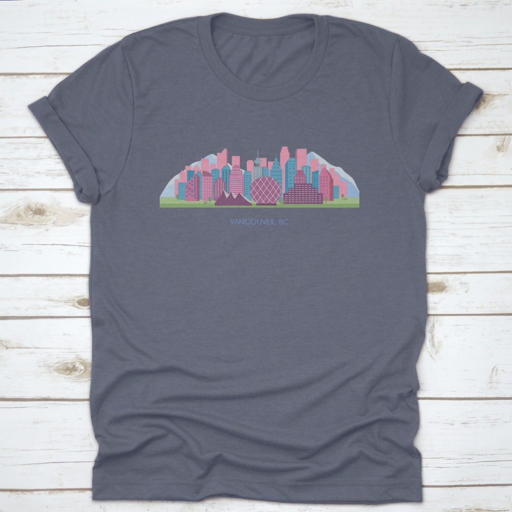 A colorful horizontal landscape of Vancouver City showcasing its skyline and natural beauty, printed on high-quality fabric.