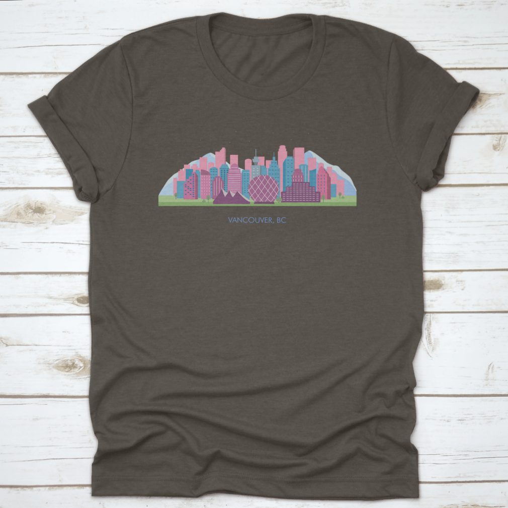 A colorful horizontal landscape of Vancouver City showcasing its skyline and natural beauty, printed on high-quality fabric.