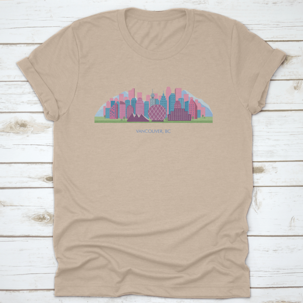 A colorful horizontal landscape of Vancouver City showcasing its skyline and natural beauty, printed on high-quality fabric.