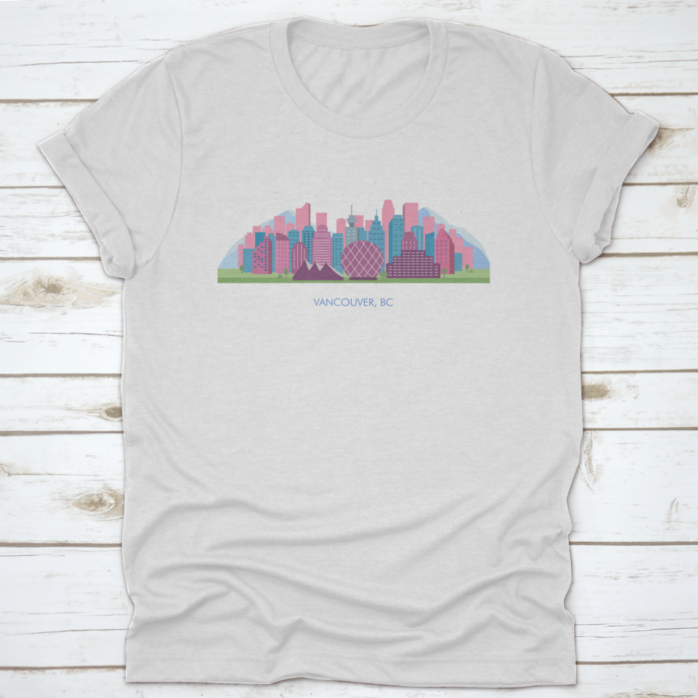 A colorful horizontal landscape of Vancouver City showcasing its skyline and natural beauty, printed on high-quality fabric.