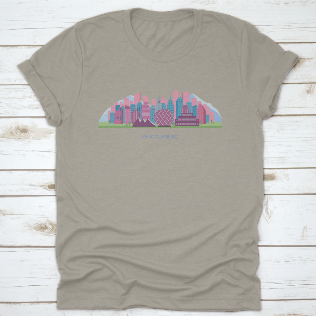 A colorful horizontal landscape of Vancouver City showcasing its skyline and natural beauty, printed on high-quality fabric.