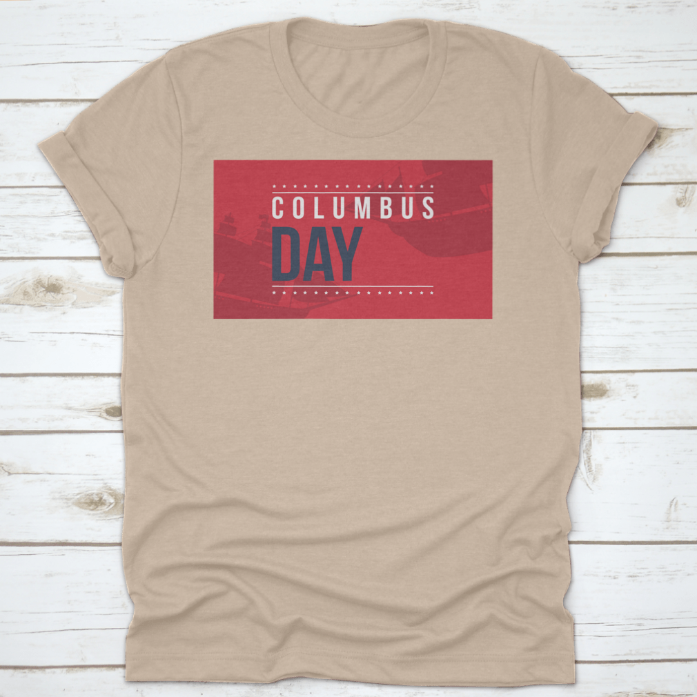 Columbus Day shirt design featuring a vibrant red background with an illustration, perfect for festive occasions.
