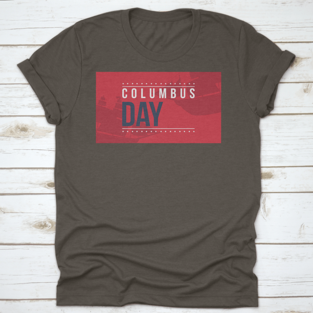 Columbus Day shirt design featuring a vibrant red background with an illustration, perfect for festive occasions.