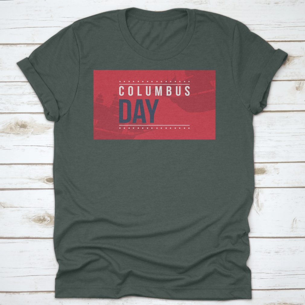 Columbus Day shirt design featuring a vibrant red background with an illustration, perfect for festive occasions.