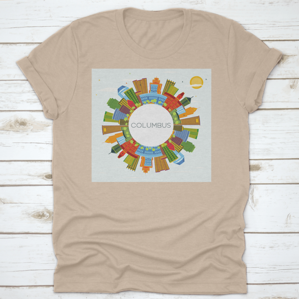 A vibrant t-shirt featuring the Columbus Ohio city skyline with colorful buildings against a blue sky, showcasing urban beauty.