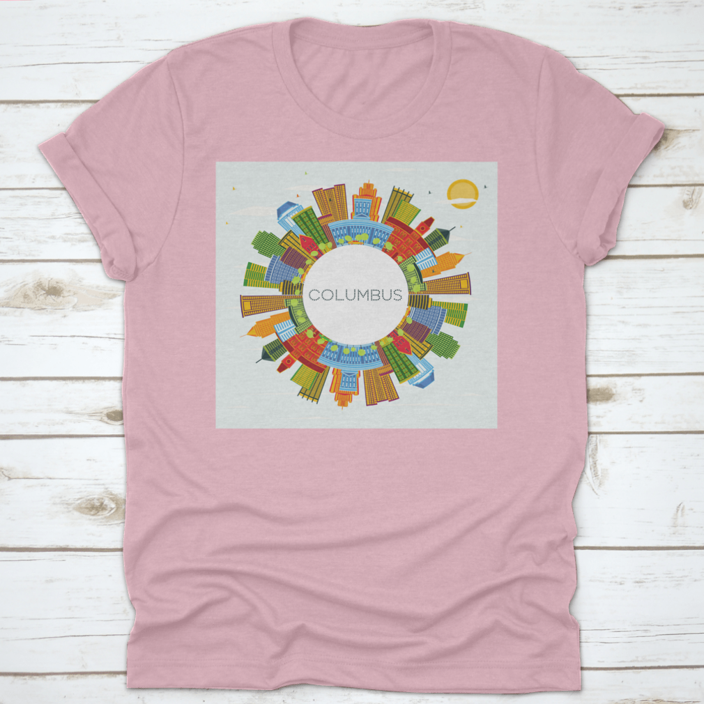 A vibrant t-shirt featuring the Columbus Ohio city skyline with colorful buildings against a blue sky, showcasing urban beauty.