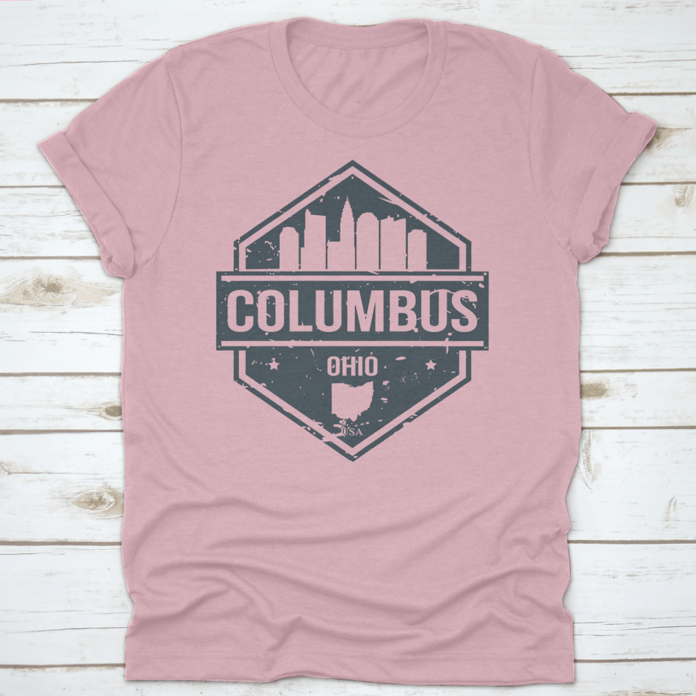 Columbus Ohio Travel Stamp Icon Skyline Badge featuring a stylish city skyline design on a cotton fabric.