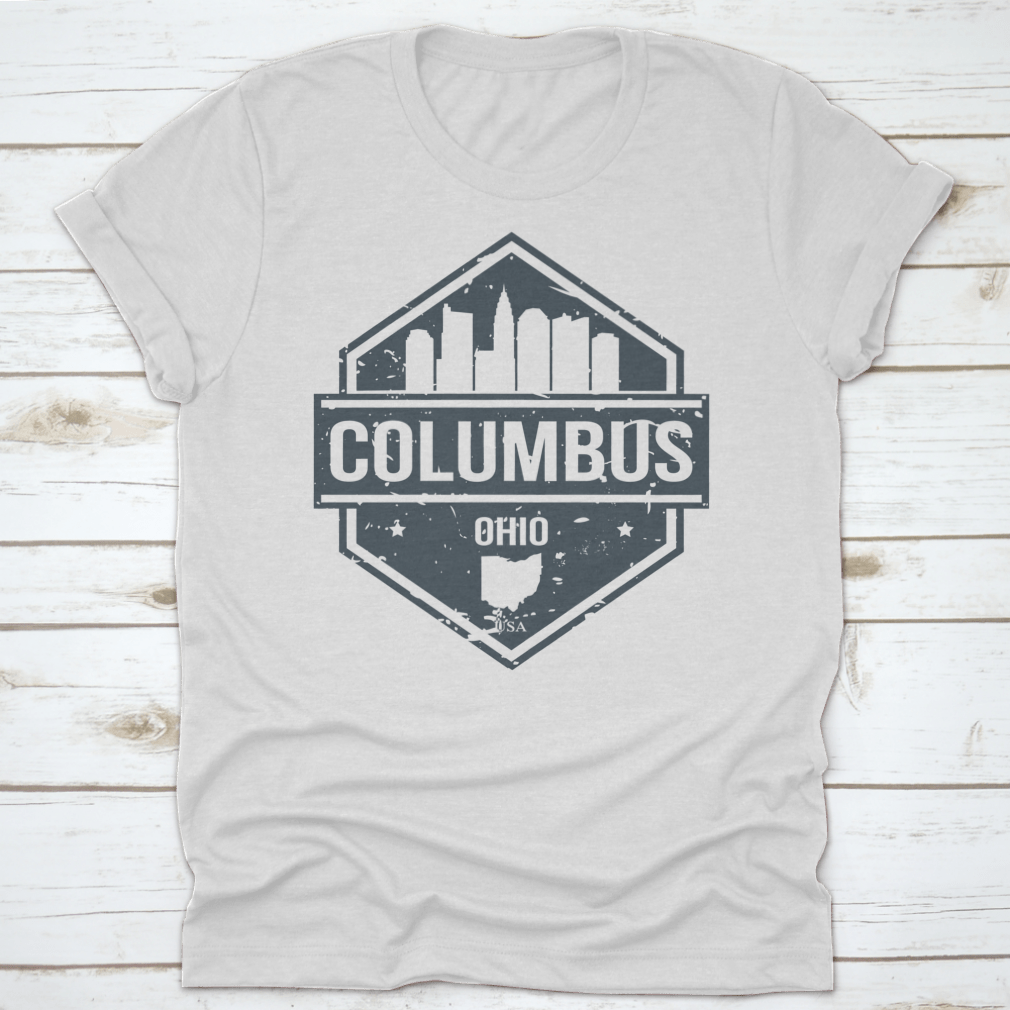 Columbus Ohio Travel Stamp Icon Skyline Badge featuring a stylish city skyline design on a cotton fabric.