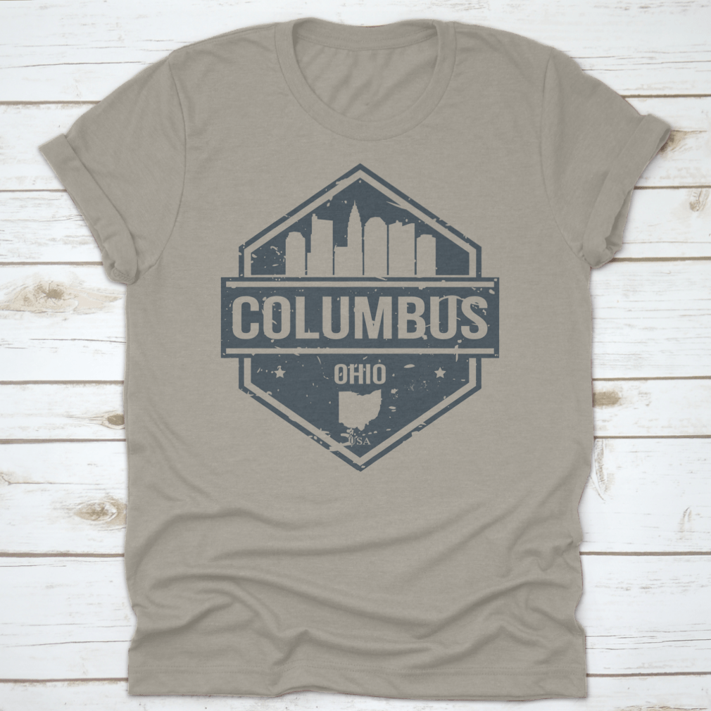 Columbus Ohio Travel Stamp Icon Skyline Badge featuring a stylish city skyline design on a cotton fabric.