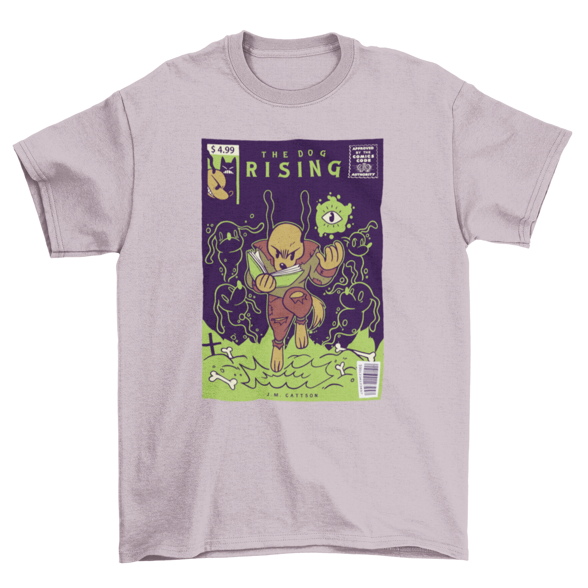 A vibrant t-shirt design featuring a comic cover illustration of a dog resurrecting other dogs, showcasing humor and creativity.
