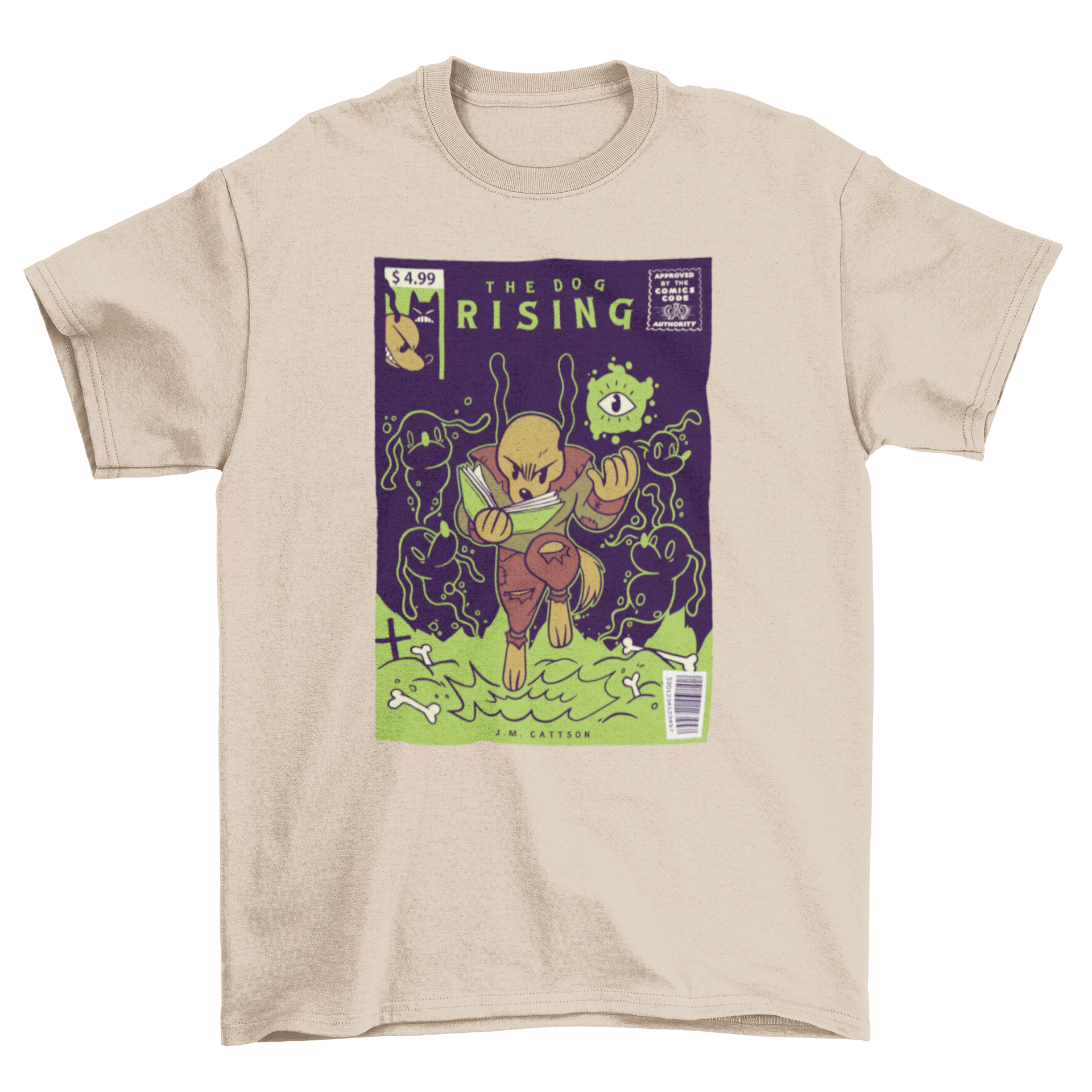 A vibrant t-shirt design featuring a comic cover illustration of a dog resurrecting other dogs, showcasing humor and creativity.