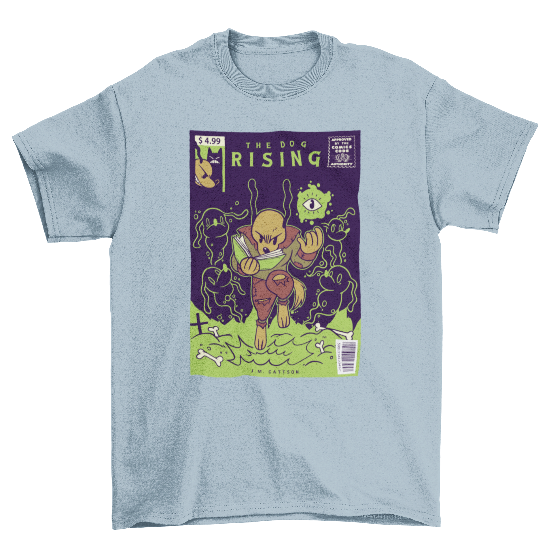 A vibrant t-shirt design featuring a comic cover illustration of a dog resurrecting other dogs, showcasing humor and creativity.