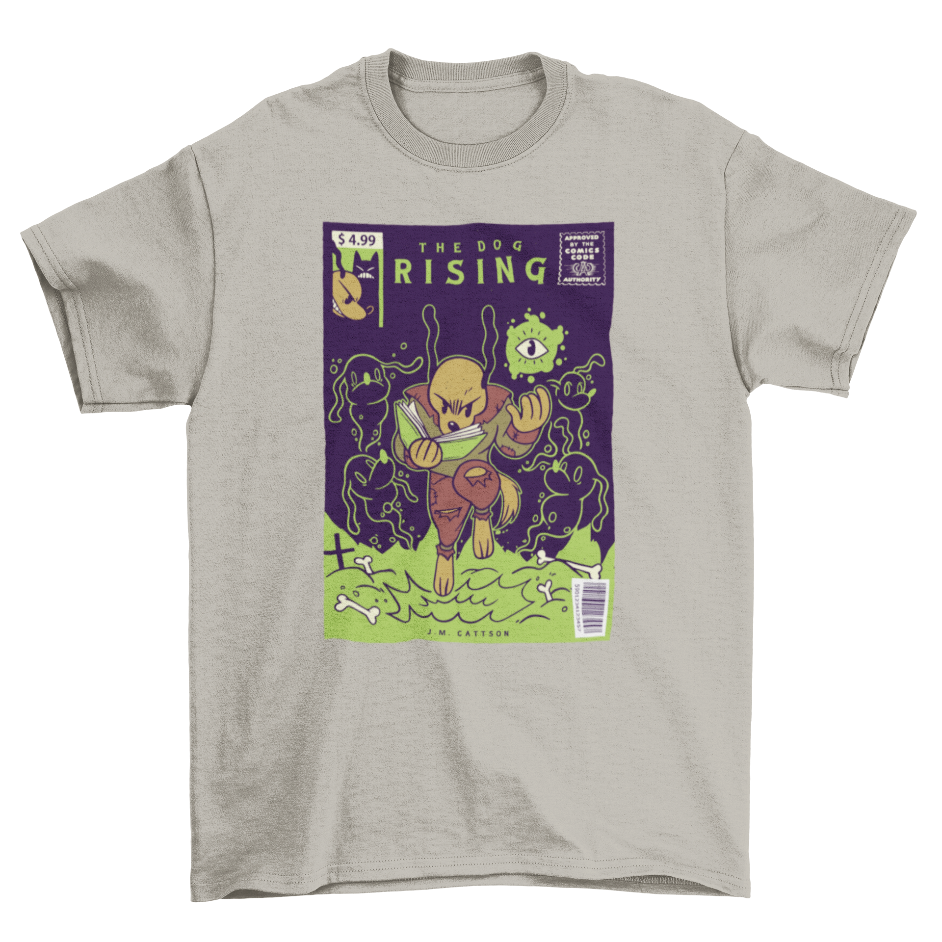 A vibrant t-shirt design featuring a comic cover illustration of a dog resurrecting other dogs, showcasing humor and creativity.