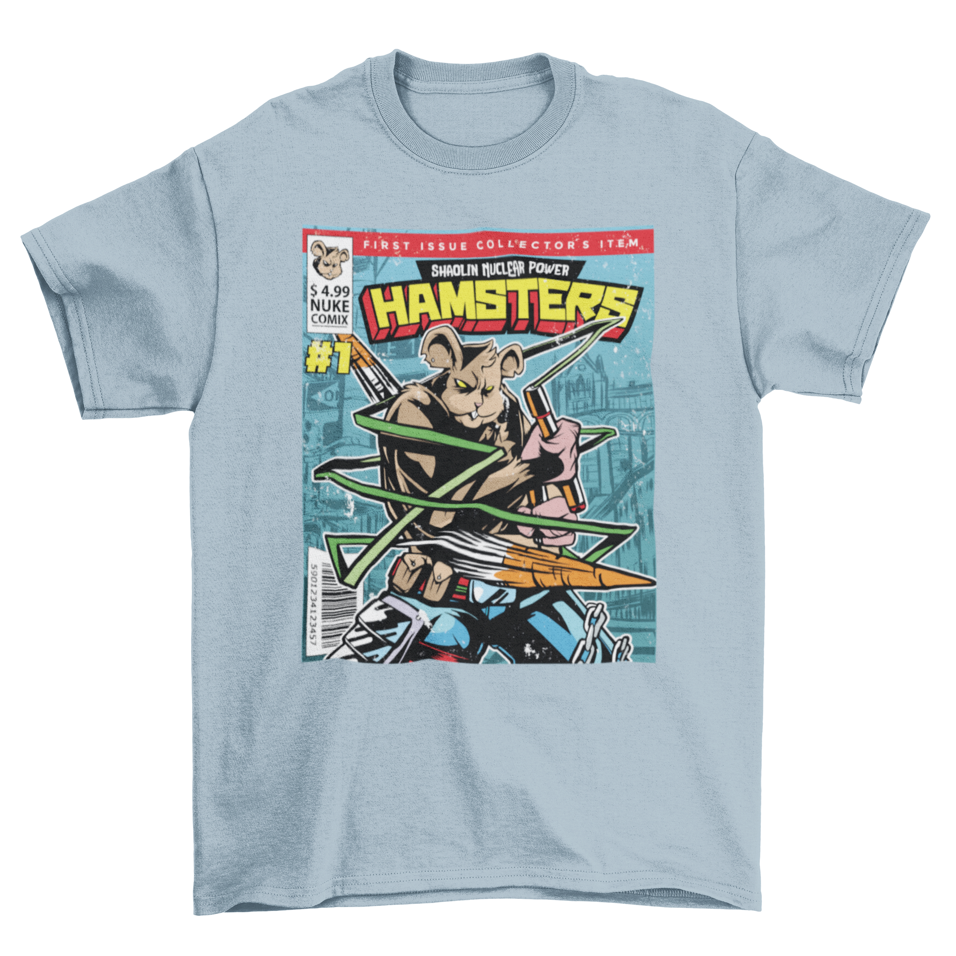 Comic Cover Hamster T-shirt featuring SHAOLIN NUCLEAR POWER HAMSTERS design, showcasing vibrant colors and playful graphics.