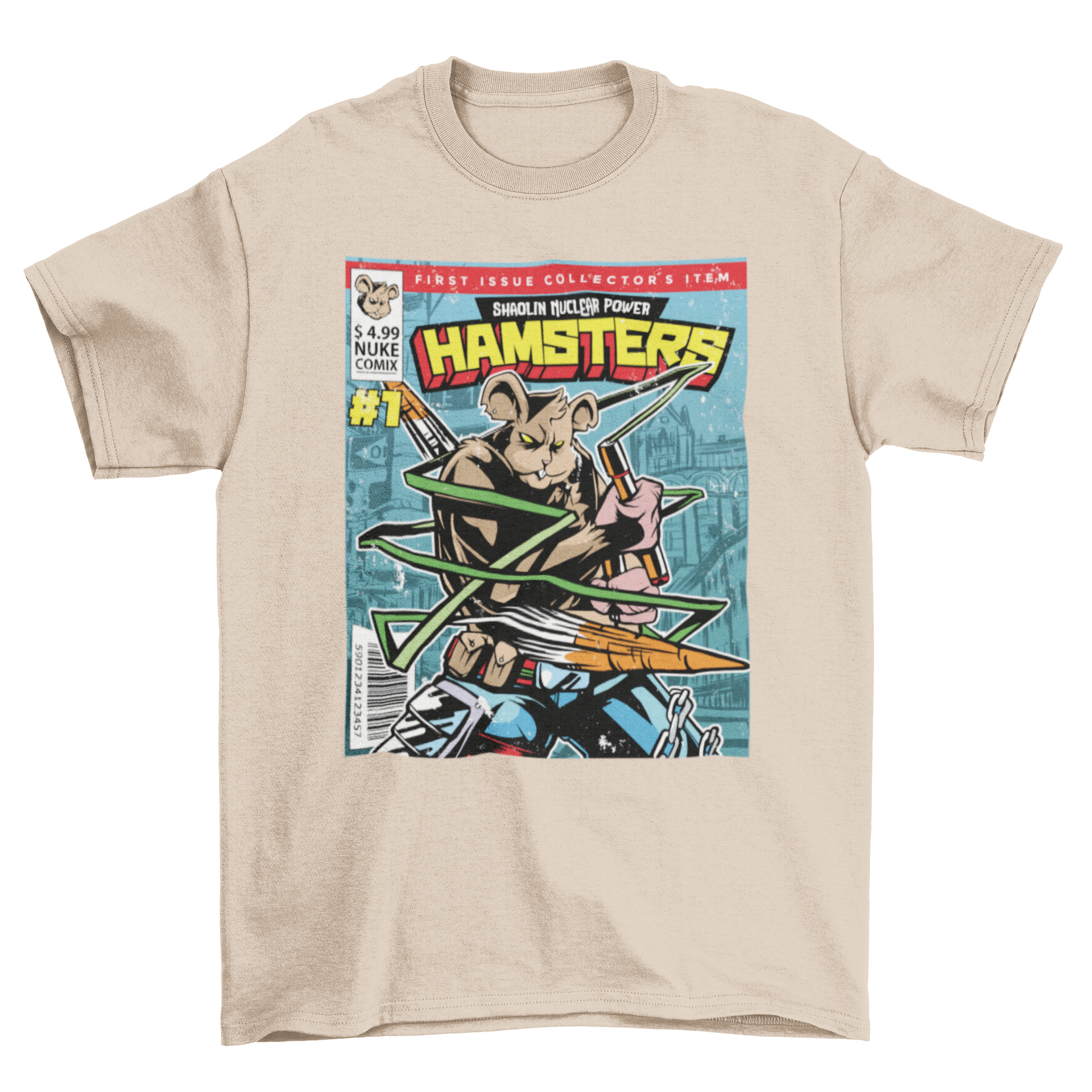 Comic Cover Hamster T-shirt featuring SHAOLIN NUCLEAR POWER HAMSTERS design, showcasing vibrant colors and playful graphics.