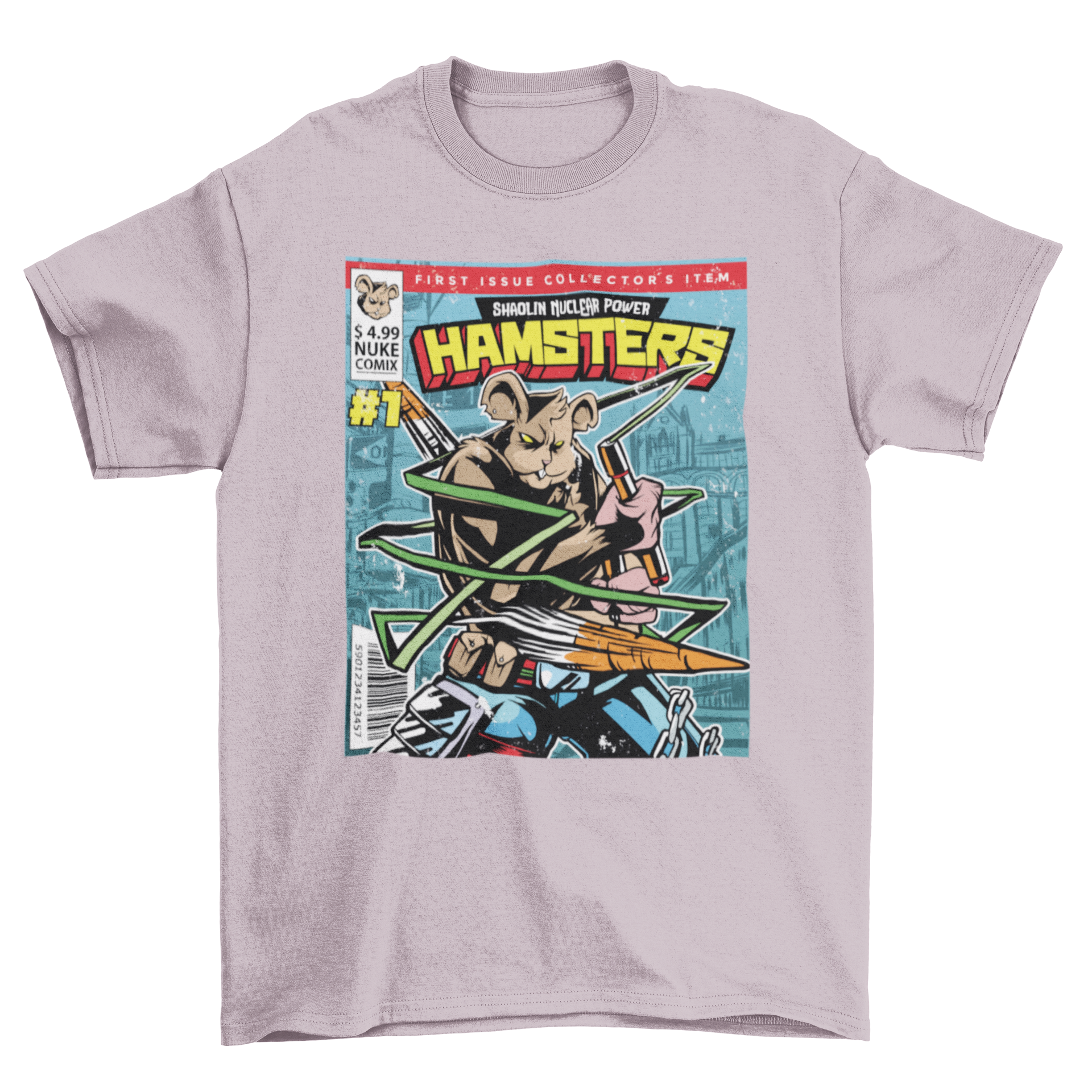 Comic Cover Hamster T-shirt featuring SHAOLIN NUCLEAR POWER HAMSTERS design, showcasing vibrant colors and playful graphics.