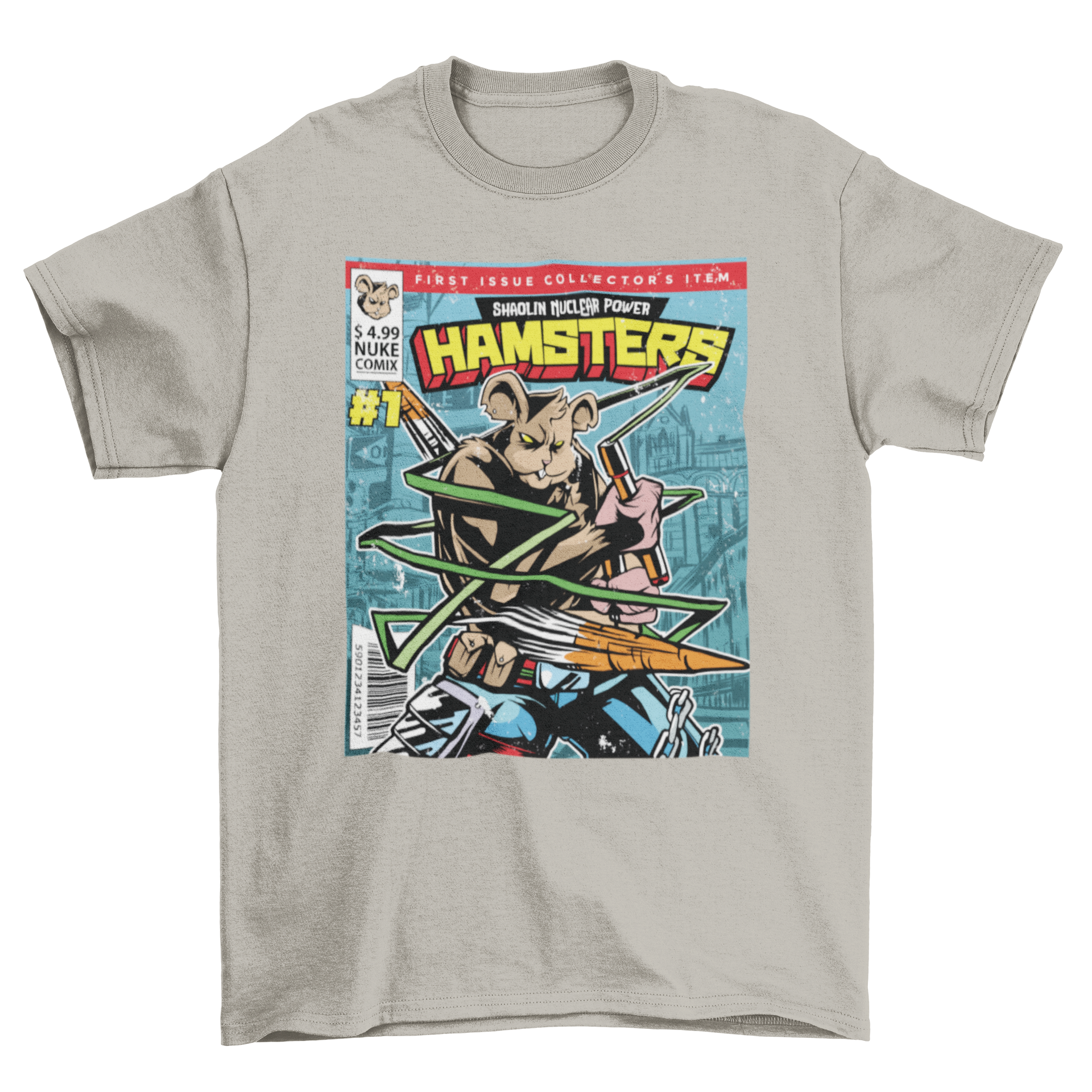 Comic Cover Hamster T-shirt featuring SHAOLIN NUCLEAR POWER HAMSTERS design, showcasing vibrant colors and playful graphics.