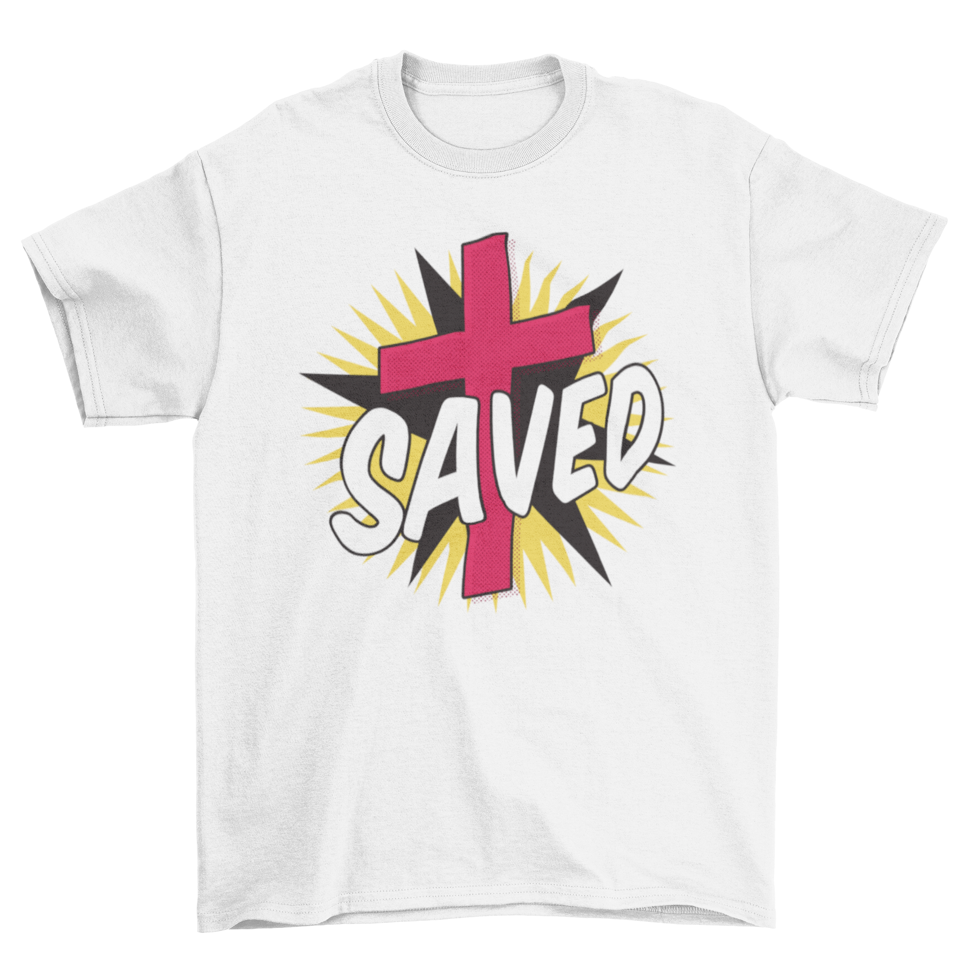 A stylish Comic Cross T-Shirt featuring a vibrant comic-style cross design with the word 'Saved' prominently displayed.