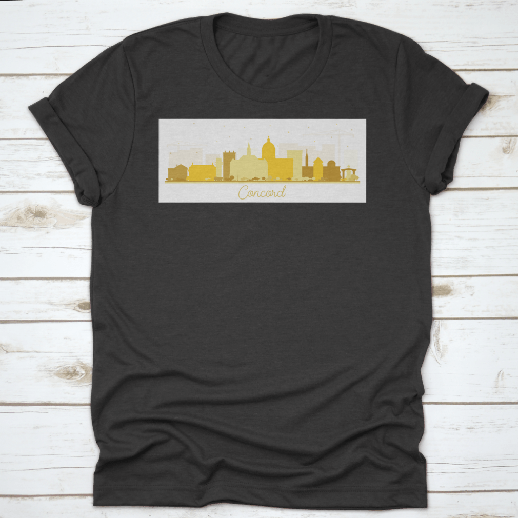 Concord New Hampshire city skyline silhouette featuring golden buildings on a stylish t-shirt.